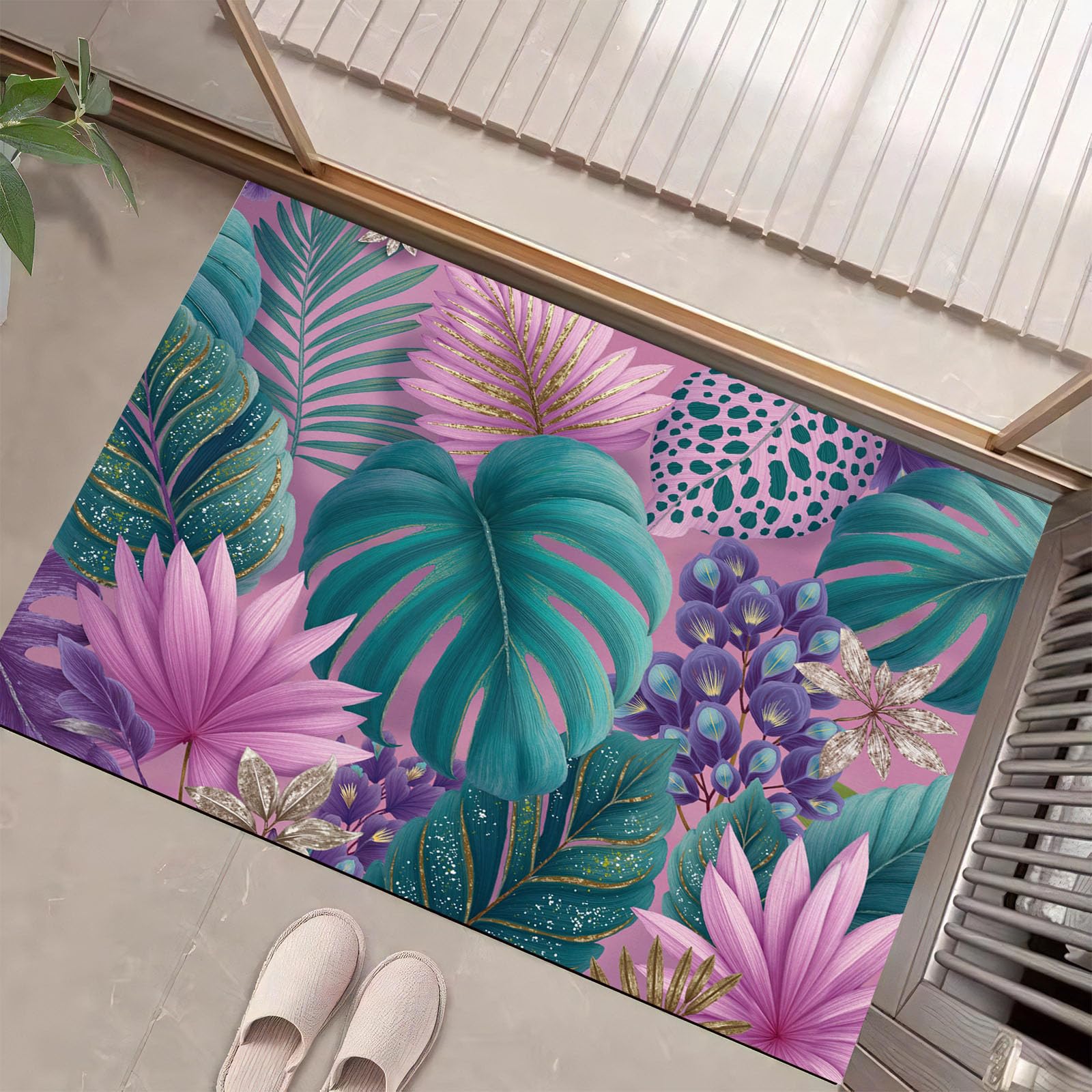 Tapis d'entrée jungle 50x80 cm lavable et antidérapant vert
