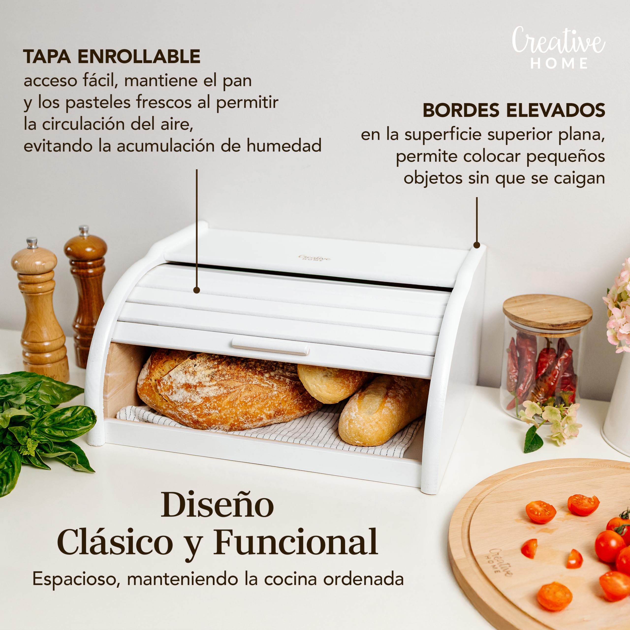 Creative Home Grande Panera Madera Contenedor para Pan Blanco