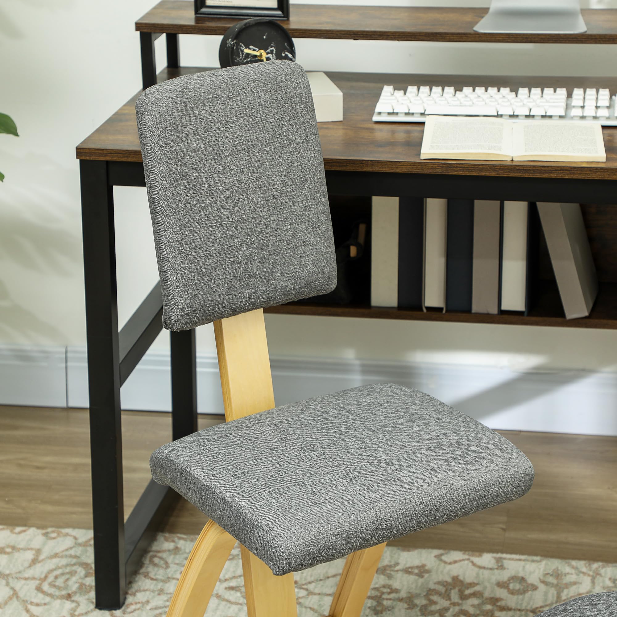 HOMCOM Sedia Ergonomica a Inginocchiatoio con Movimento a Dondolo, Sedia Ergonomica Imbottita Posturale in Tessuto Effetto Lino e Legno di Betulla, 51x84x93 cm, Grigio