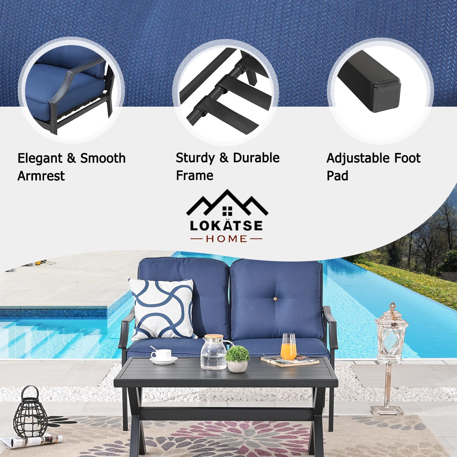 LOKATSE HOME Outdoor Loveseat and Coffee Table Metal Conversation Set Patio Furniture with Cushions for Poolside Backyard Lawn