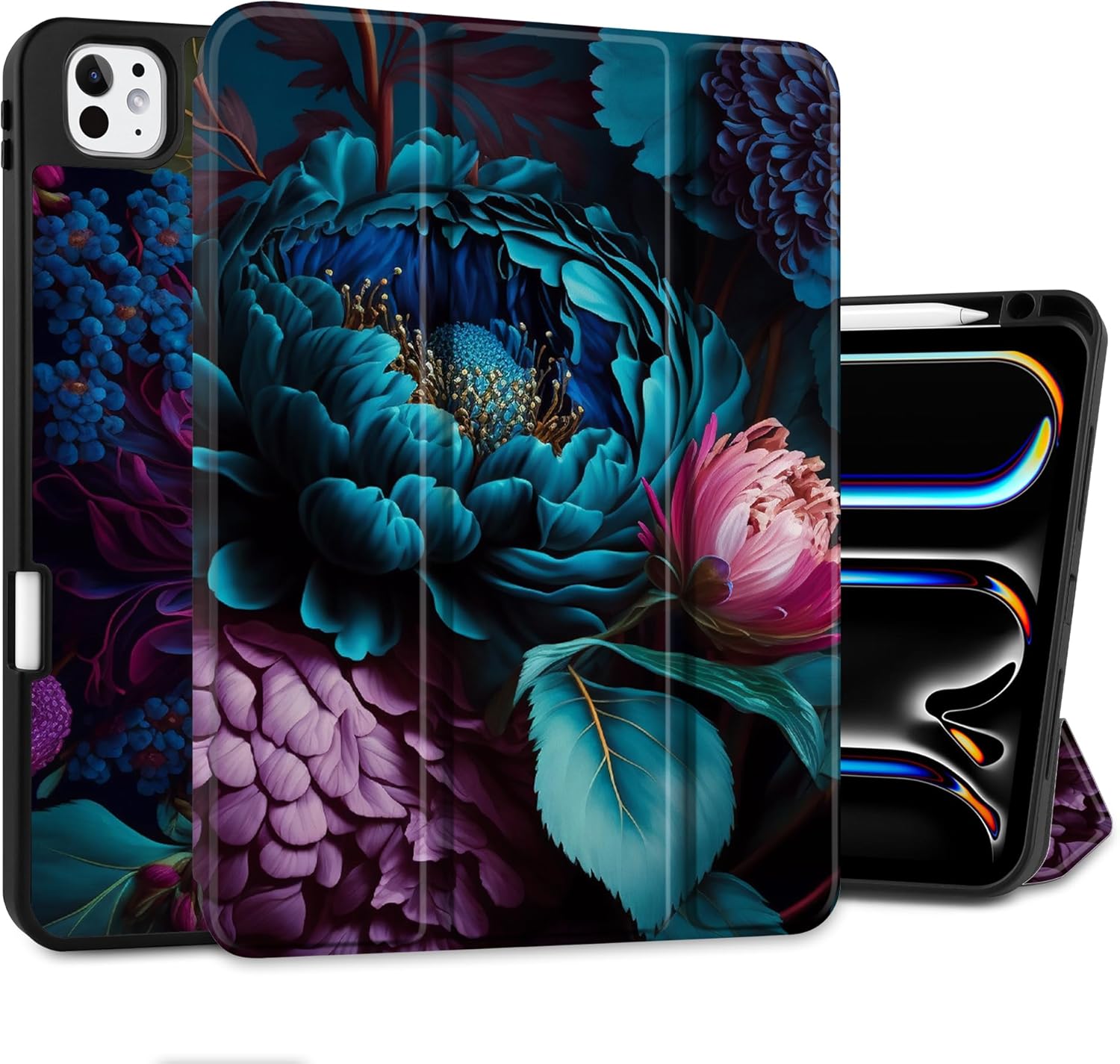 MEEgoodo Case for M5 iPad Pro 11 inch 2025/M4 iPad Pro 11 inch Case 2024, Tablet Cover with Trifold Stand & Pencil Holder & Auto Wake/Sleep & Soft TPU Back Cover, Beautiful Fantasy Flower