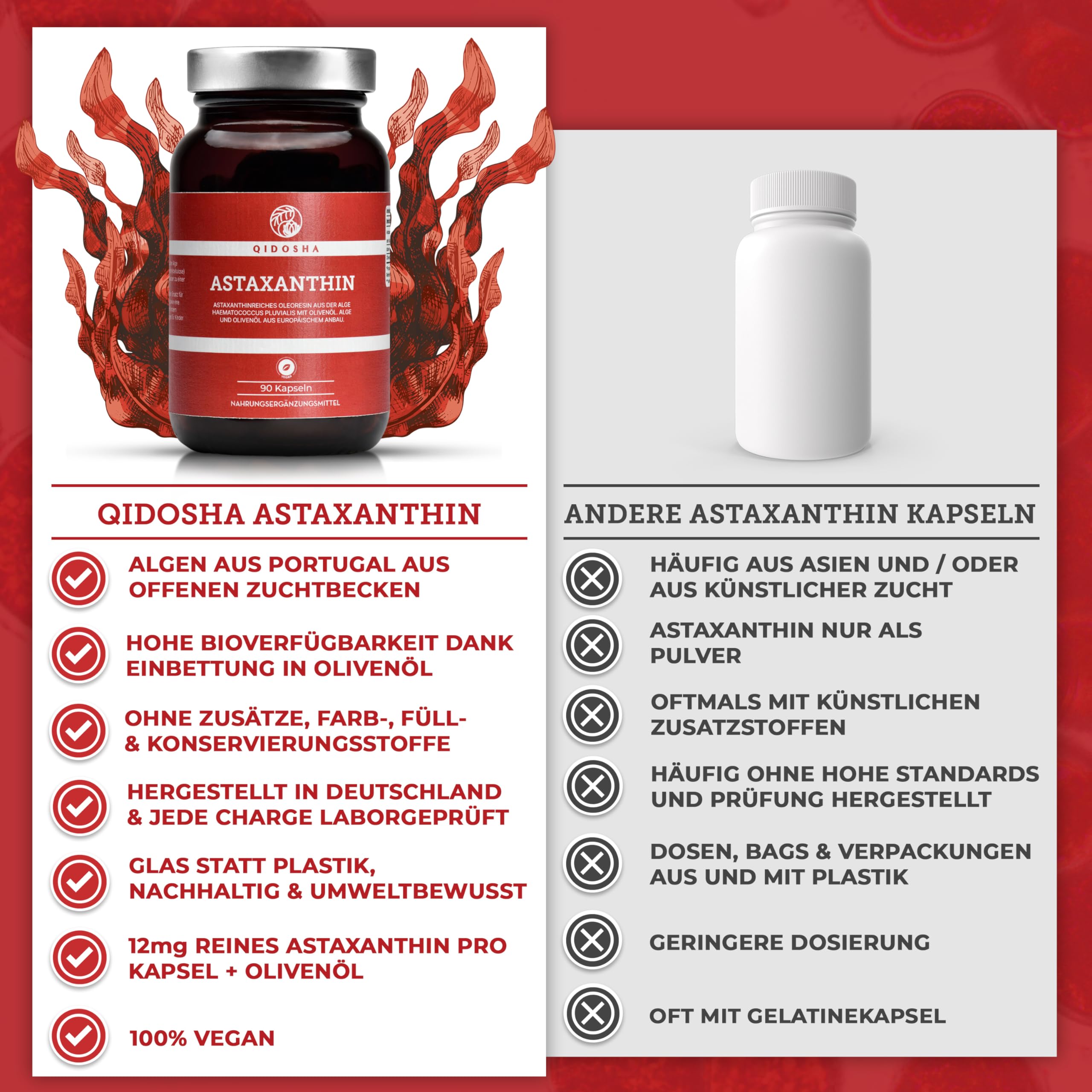 QIDOSHA® Astaxanthin 12 mg aus EU-Rohstoffen & Olivenöl, 90 vegane Kapseln im Apothekerglas, flüssiges Astaxanthin aus portugiesischer Algenzucht