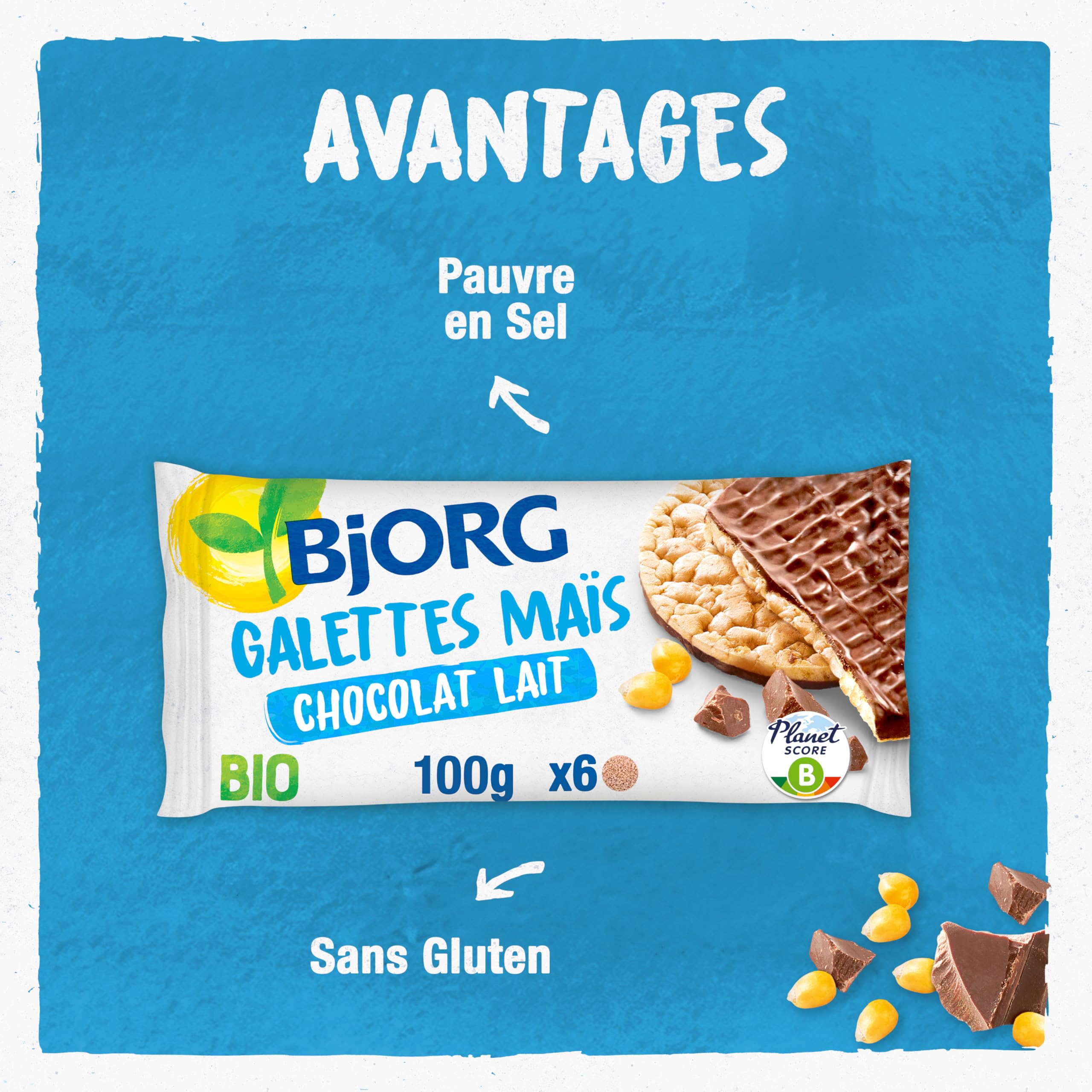BJORG - Galettes Maïs Chocolat Lait Bio - Sans Gluten - Pauvres en Sel - 100 g - lot de 3 (total de 300 g)
