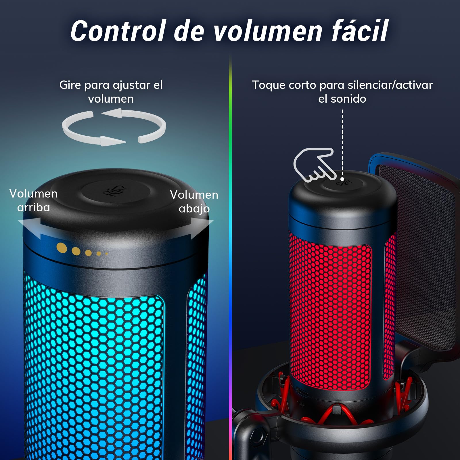TONOR Microfono Gaming USB para PC PS4/5, Micrófono Condensador Cardioide con Brazo para Podcast, Streaming, Studio, Ordenador, Mic RGB con Ajustable Modos y Brillo, Silencio Rápido, TC310+
