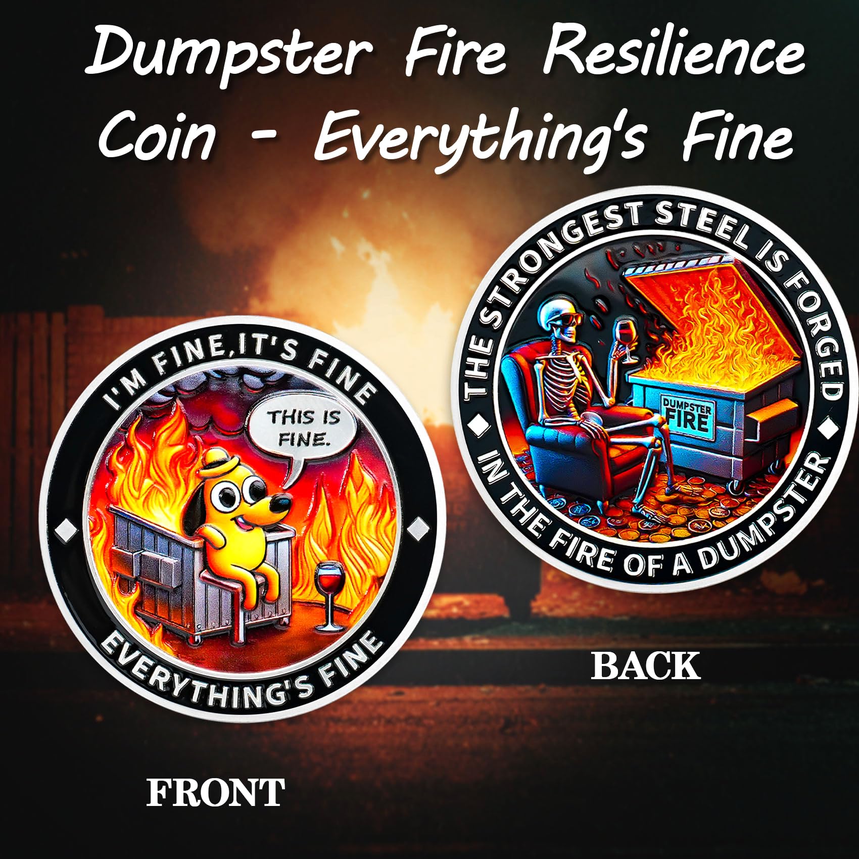 ACGZQY Dumpster Fire Coin, Humorous Resilience Fire Token with Dog Skull Design - Image 2