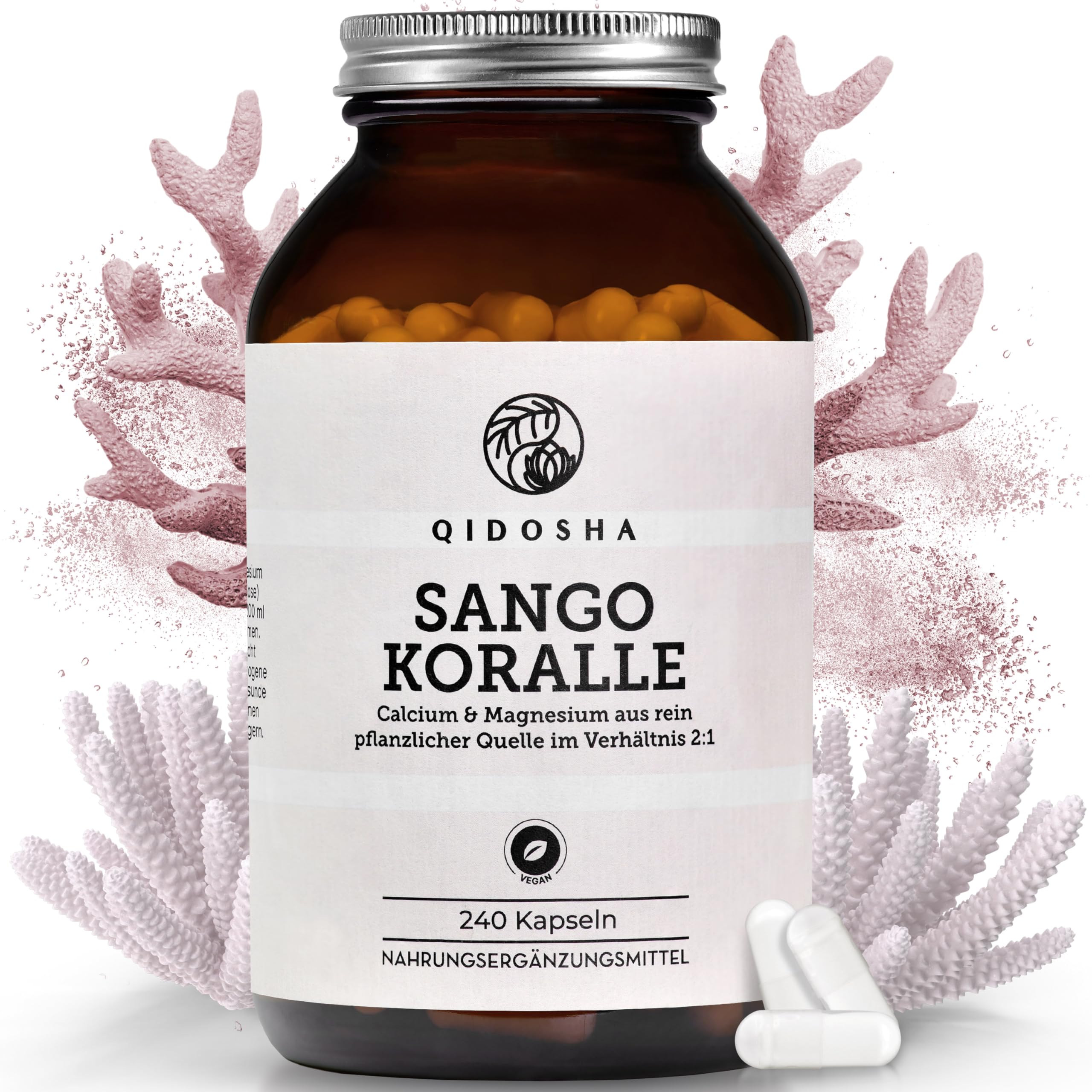 QIDOSHA® Sango Meereskoralle Kapseln, 240 Stk/Glas, hochdosiert mit 660mg Calcium & 330mg Magnesium (optimales 2:1 Verhältnis), nachhaltige Ernte, deutsche Fertigung, jede Charge laborgeprüft