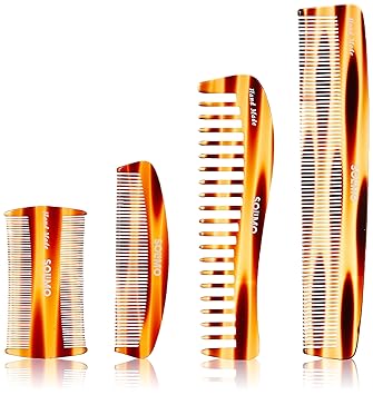 Amazon Brand - Solimo Handmade Brown Set of 4 Combs 1 Double-Sided Fine-Tooth, 1 Extra-Long Fine-Tooth, 1 Curved-Edge Fine-Tooth, 1 Wavy-Shaped Wide-Tooth Comb