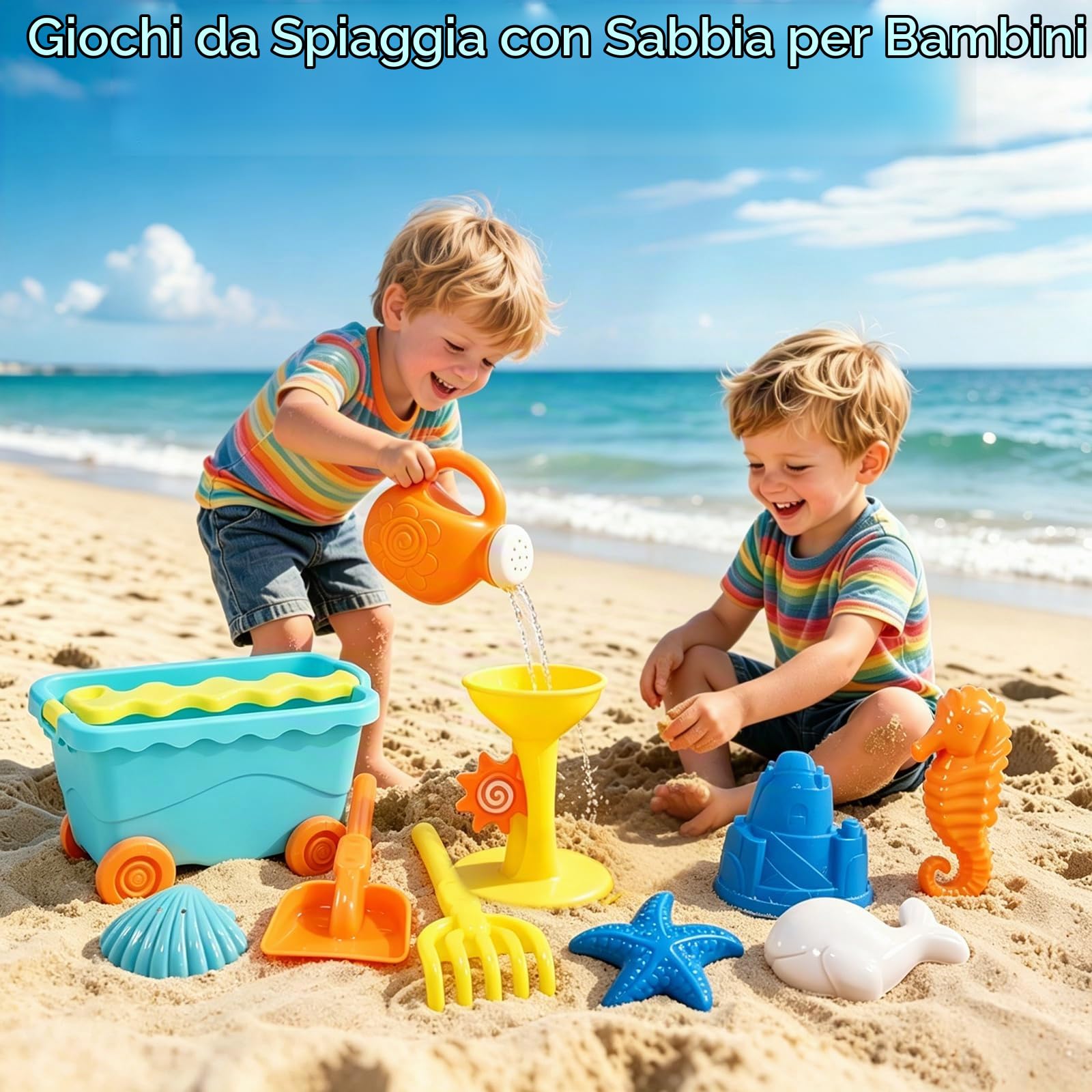 RedCrab 10 Pezzi Giochi da Spiaggia per Bambini, Giochi Spiaggia Bambini con Carrello Trascinabile, Pala, Rastrello, Annaffiatoio e Clessidra, Giochi per Esterni per Ragazzi e Ragazze