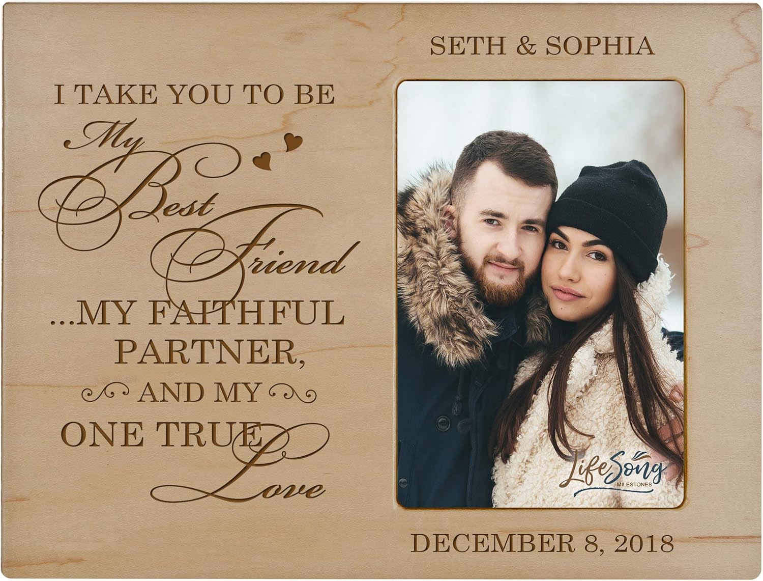 LifeSong Milestones Personalized Wedding Vow Anniversary Wooden 8"x 10" Picture Frame Engagement Gift for Couple, Best Friends, Newly Married Mr and Mrs. 4 x 6 Photos (Ivory)