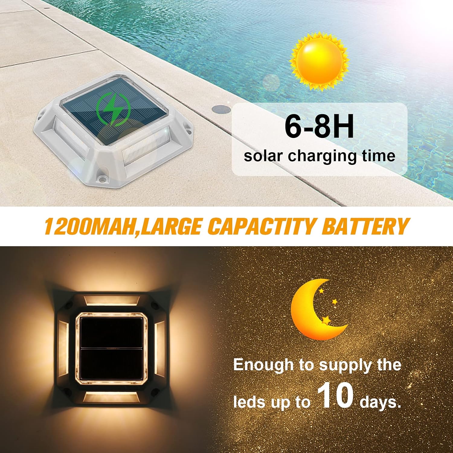 VOLISUN Solar Driveway Lights Dock Deck Light 8-Pack,2 Colors in 1,Wireless Solar Powered 1200mAh Battery,Waterproof Outdoor Warning Step Light for Driveway (2 Colors Lighting,White/Warm White) - - 