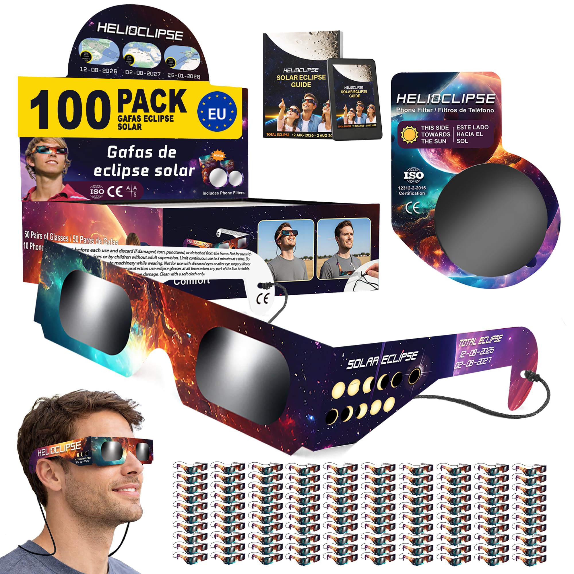 Helioclipse 6/12/25/50/100 Gafas Eclipse Solar Homologadas ISO 12312-2 2026 - Gafas para Ver Eclipse Solar - Gafas de Eclipse Solar Homologadas