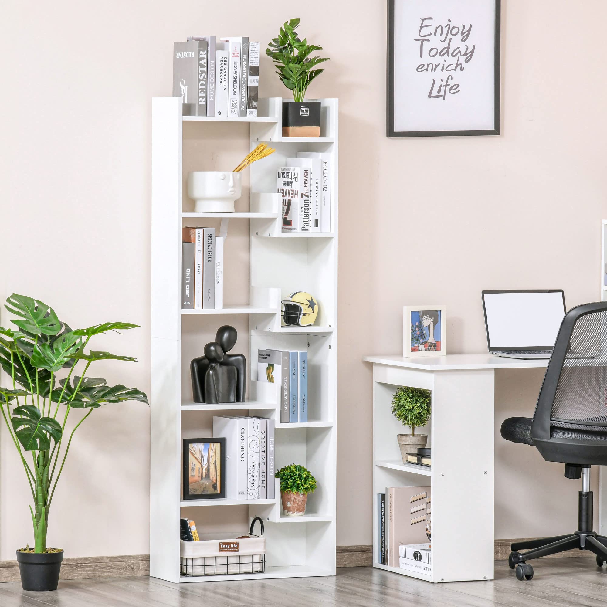 HOMCOM Regał na książki, 6-poziomowy regał do przechowywania, wysoki regał, nowoczesny regał na książki, nieregularny design, do salonu, sypialni, biura, 60 x 21 x 162,5 cm, biały