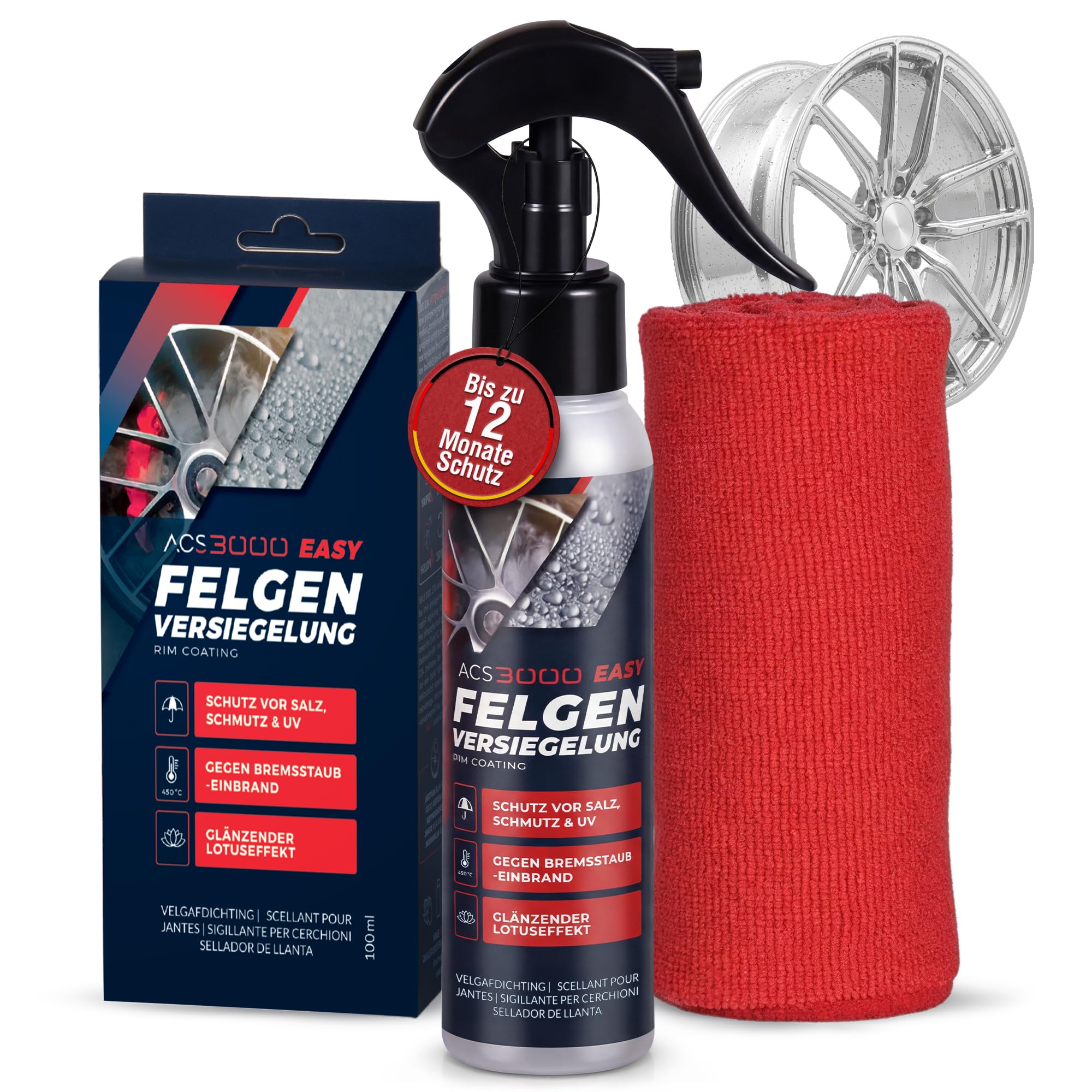 ACS3000 EASY Felgenversiegelung – Keramikbeschichtung für Felgen – Langzeitschutz gegen Bremsstaub, Salz & Schmutz – Hydrophober Lotus-Effekt, Keramik Versiegelung, Schutzversiegelung inkl. Poliertuch