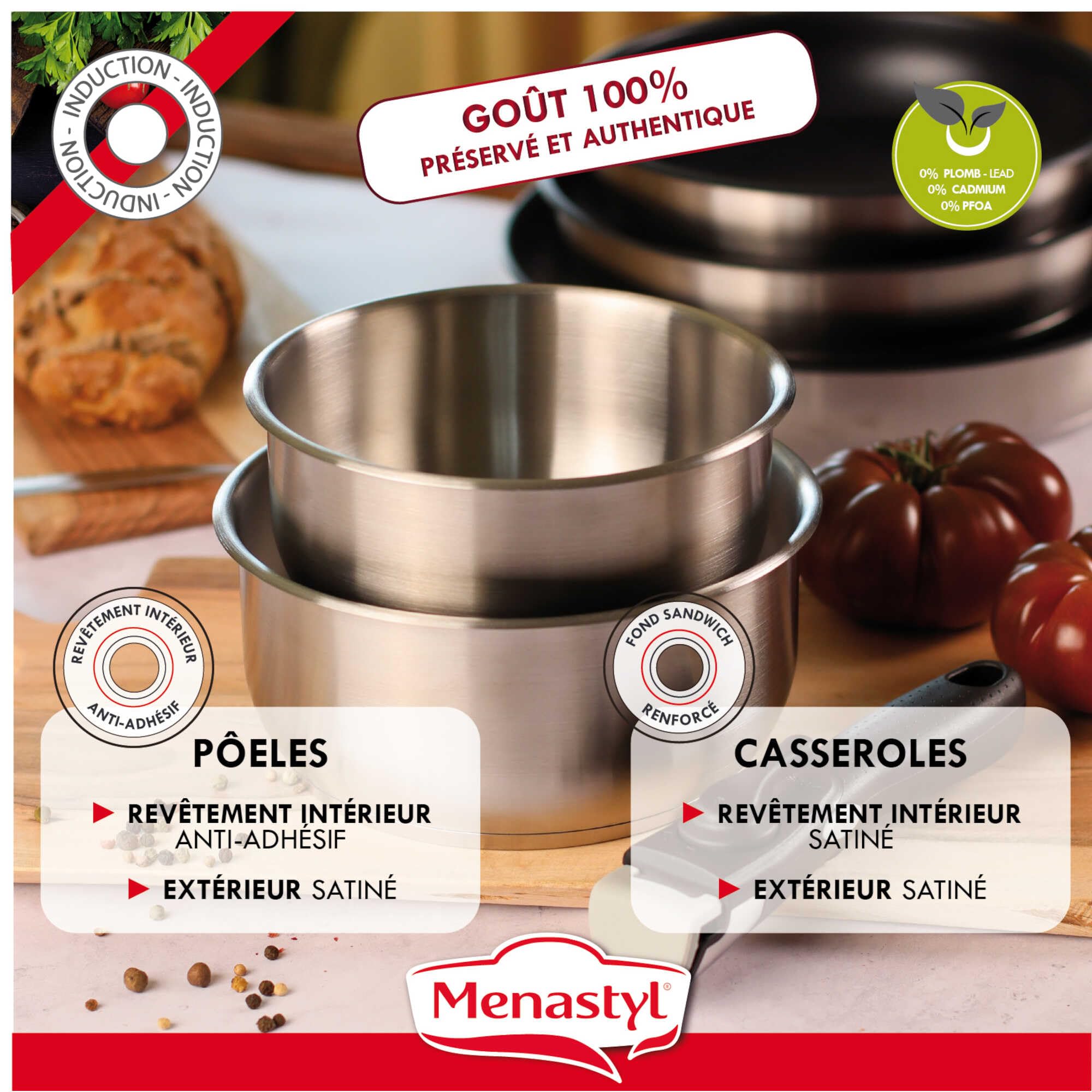 MENASTYL - Batterie de cuisine amovible 6 pièces en inox IRIS - 3 poêles + 2 casseroles + poignée amovible sécuritaire - Tous feux dont induction - Acier inoxydable - Sans PFOA/Sans BPA - 7930018