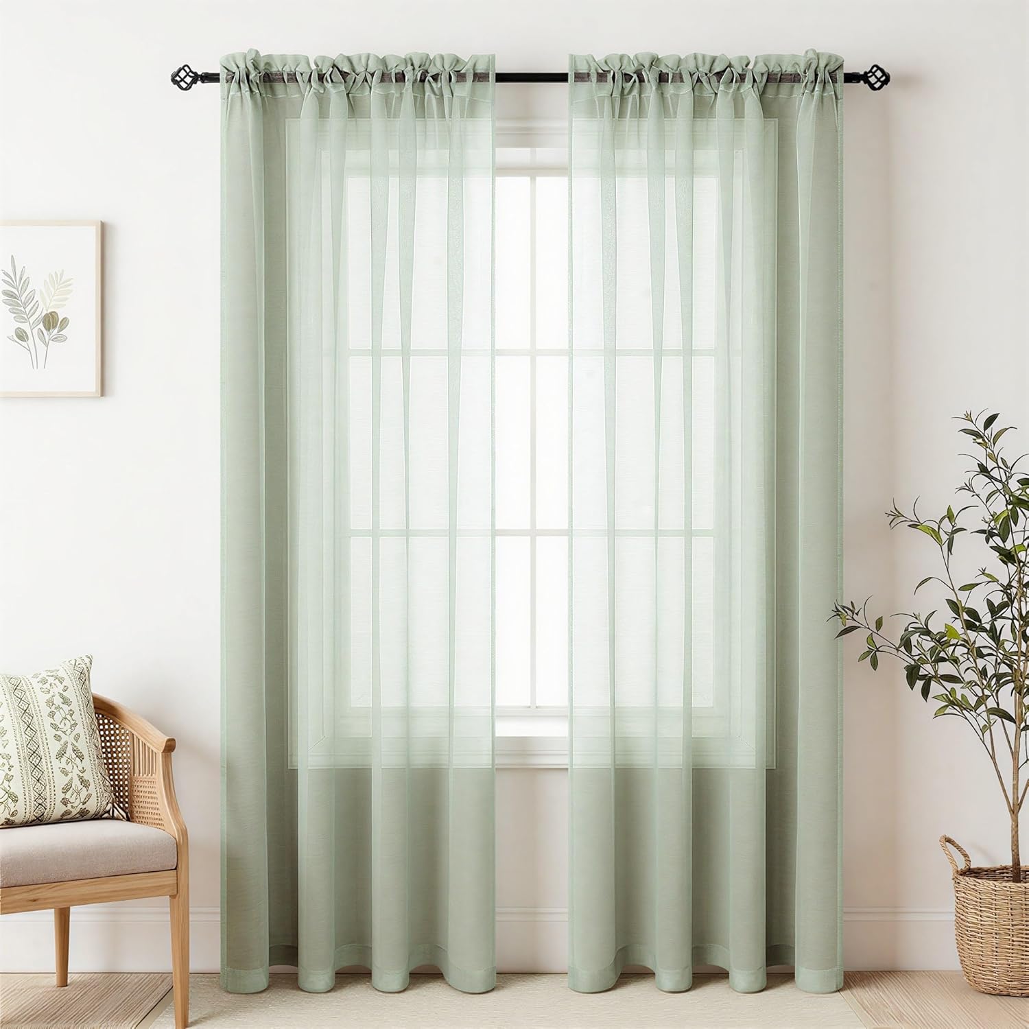 Pitalk Sage Green Curtains 84 Inch Length for Living Room 2 Panel Sets Rod Pocket Faux Linen Light Green Window Sheer Curtains for Girls Kids Bedroom 52x84 Inches Long