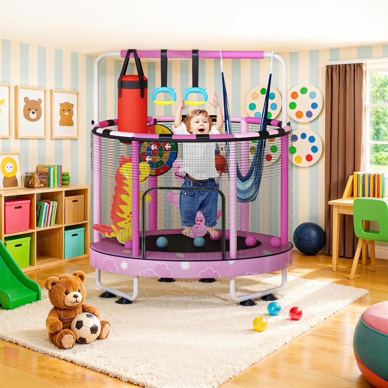 LAMERGE 55" 7-in-1 Round Trampoline for Kids Boys & Girls Ages 1-8, Indoor & Outdoor Trampoline for Fun, Adjustable Height Handrail ＆ Enclosed Safety Net ＆ Durable Designs for Toddlers Children