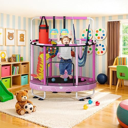 Miniatura 7 de LAMERGE 55" 7-in-1 Round Trampoline for Kids Boys & Girls Ages 1-8, Indoor & Outdoor Trampoline for Fun, Adjustable Height Handrail  Enclosed Safety