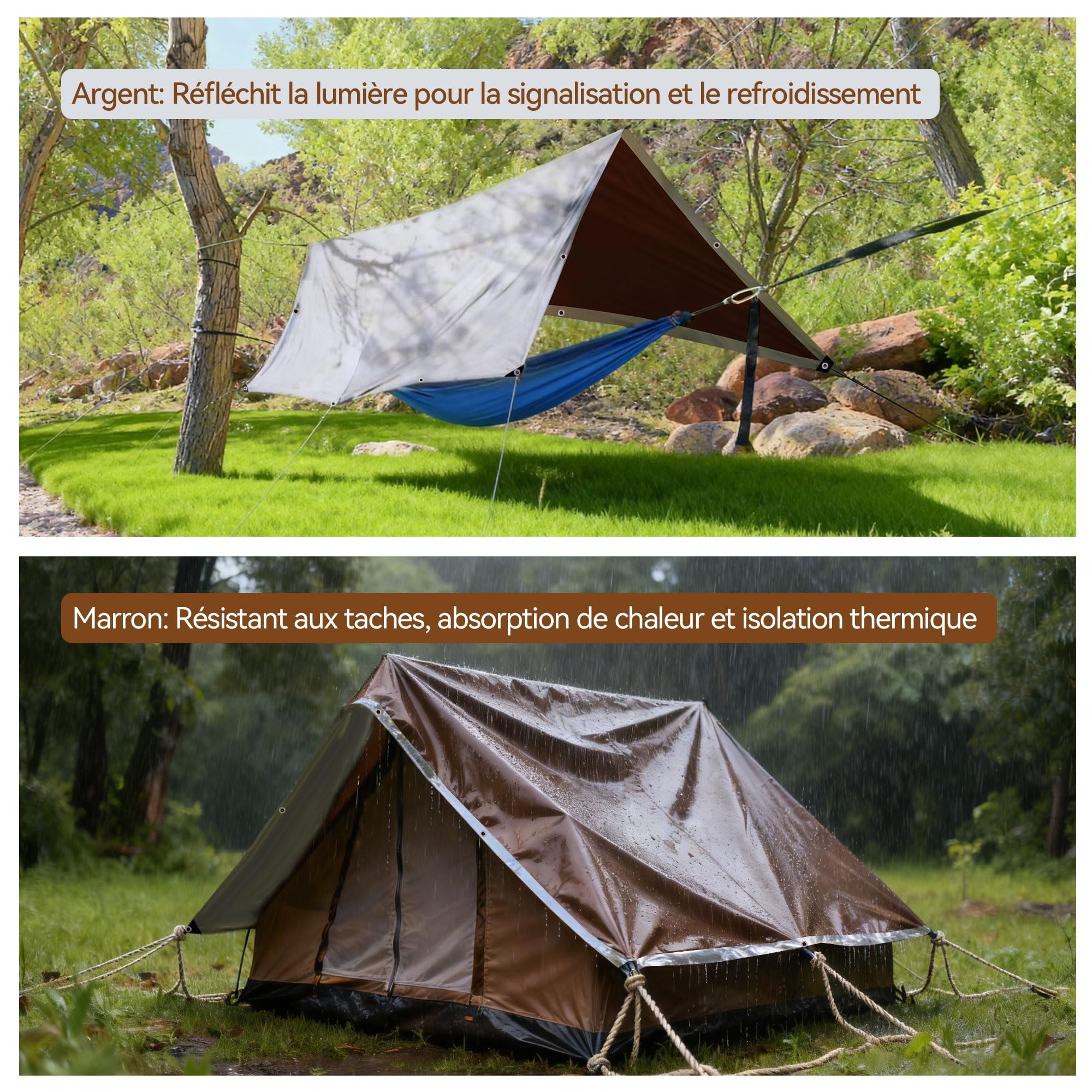 Bâche 1,5x2m 155g/m² Imperméable en Polyéthylène, Anti-UV | Polyéthylène haute densité, œillets soudés renforcés, anti-UV, résistante aux intempéries, jardin, camping (Argent/Marron)