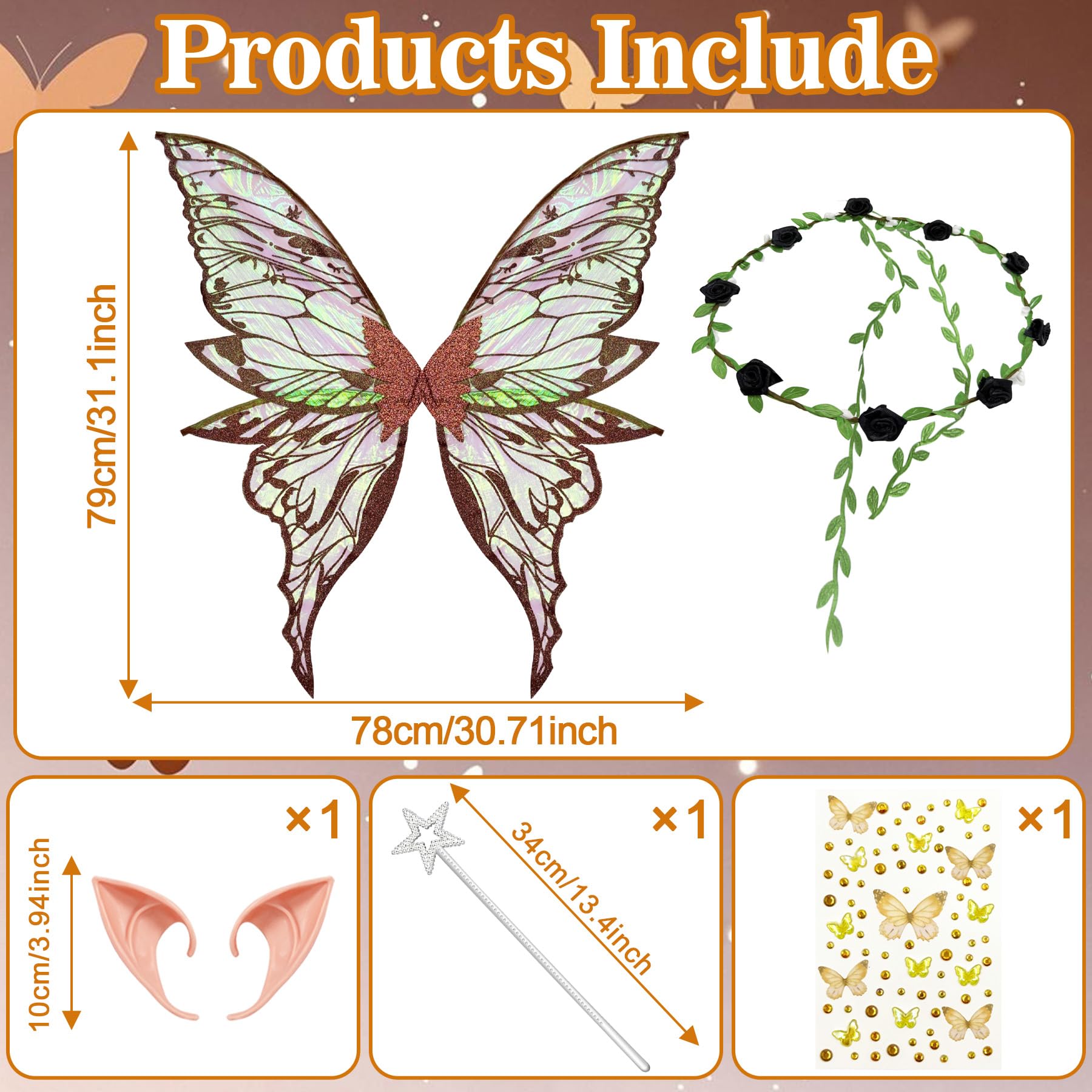YeahBoom Children's fairy wings, butterfly wings with elf ears, fairy headband and star fairy wands, butterfly wings - Image 2