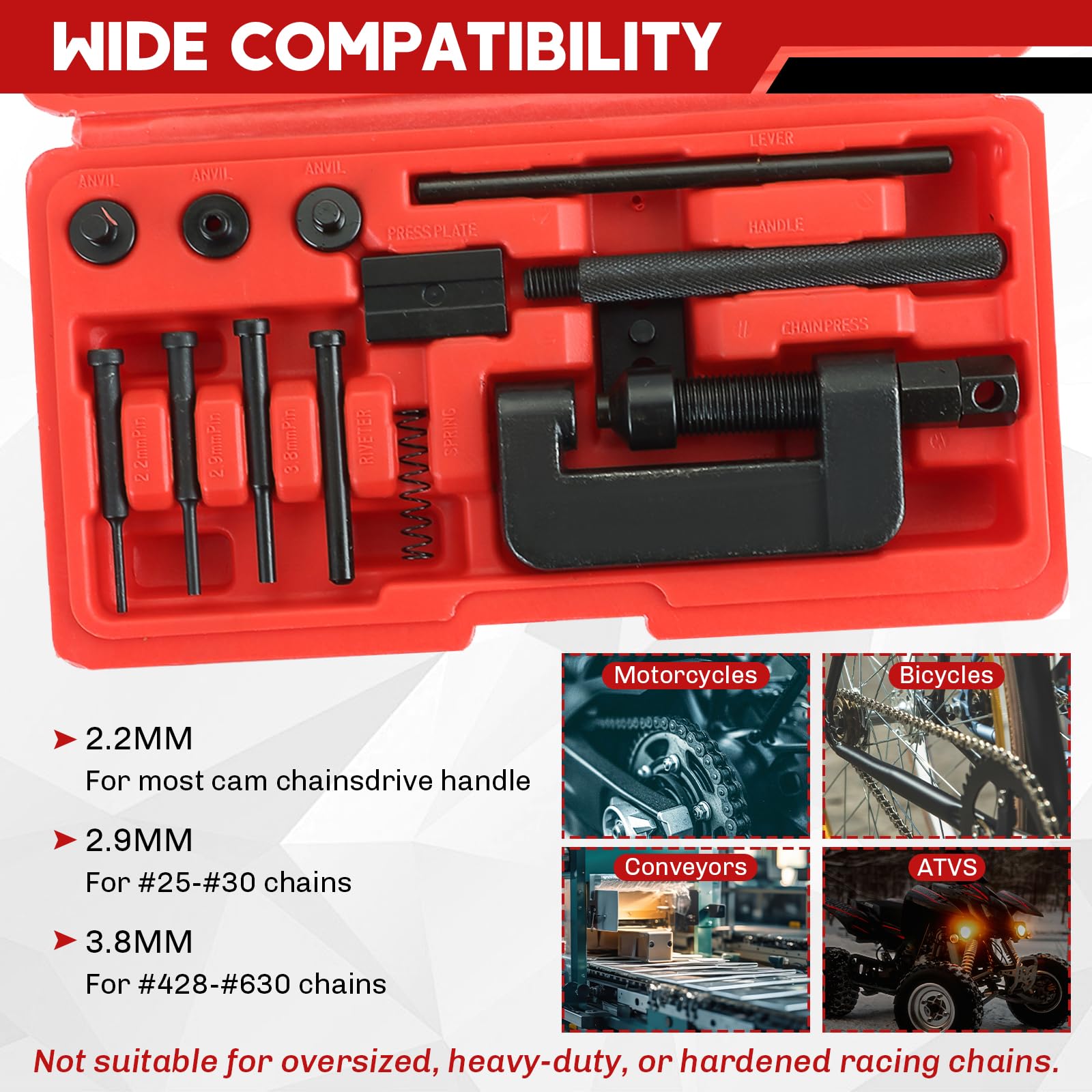 Motorcycle Chain Breaker & Rivet Tool Kit – Fits 520/525/530/630 Pitch, Heavy Duty Cutter, Gearzaar, China