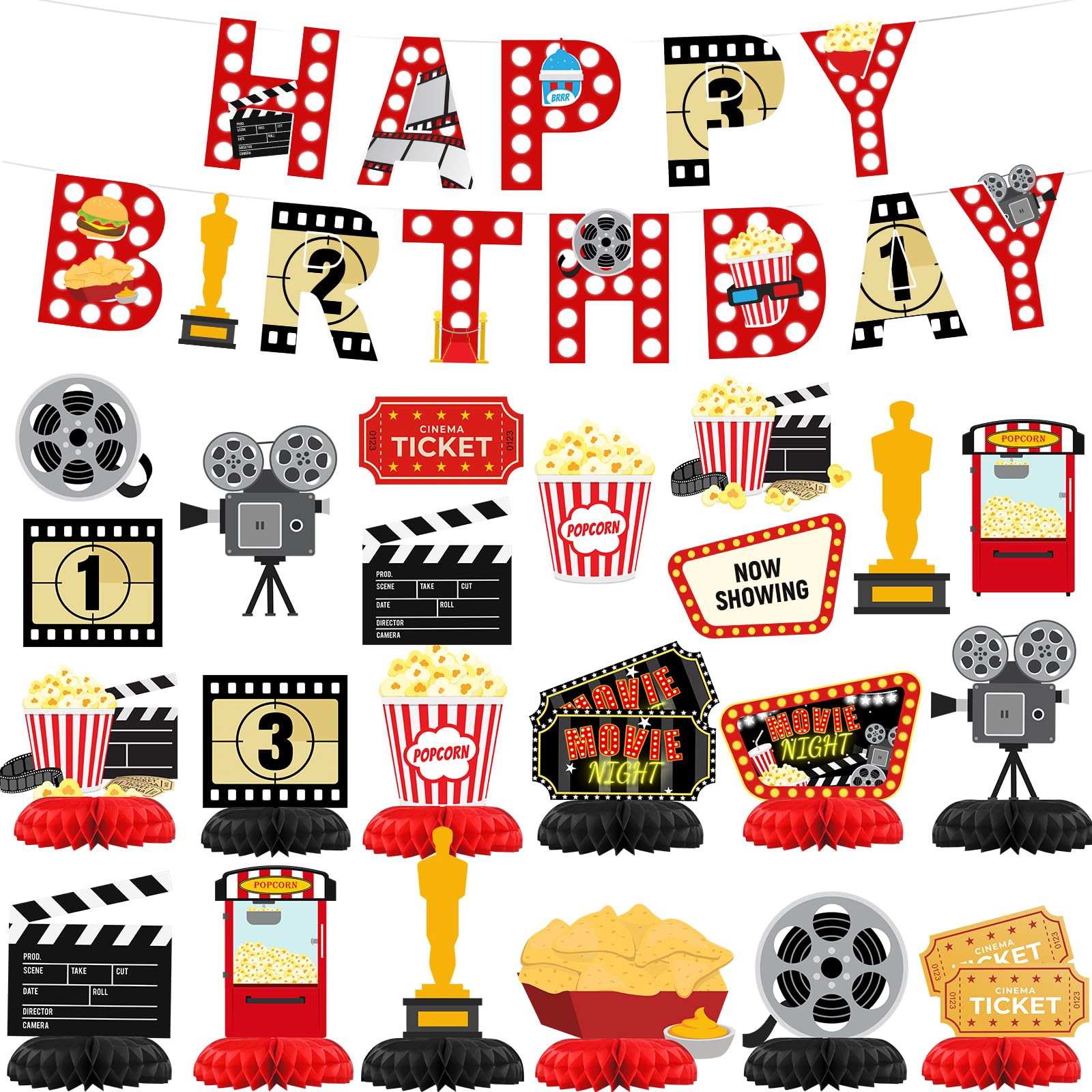 HaPiBiDesign Movie Night Party Decorations Kit – Complete Set with Banners, Cutouts, and Table Centerpieces for Movie-Themed Birthday Parties, Family Gatherings, and Baby Showers