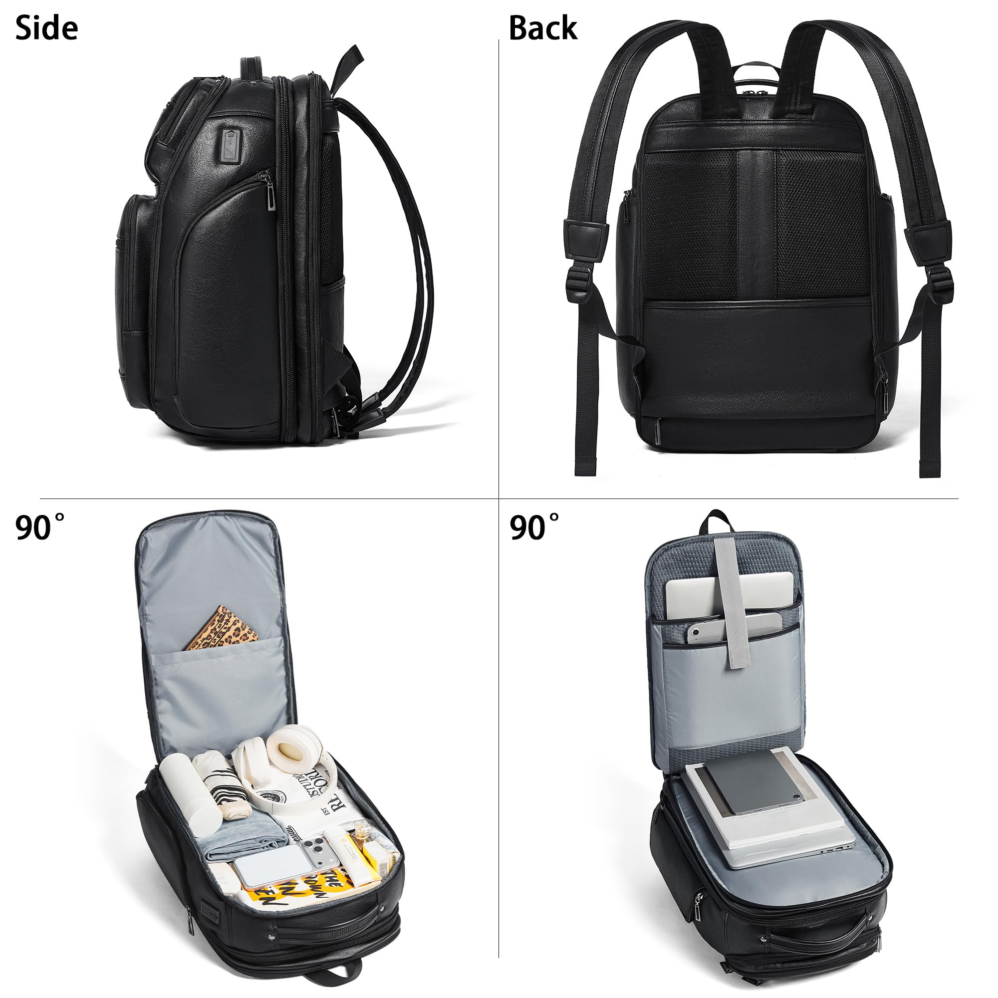 Veganer Lederrucksack, 40L Checkpoint-freundlicher Reiserucksack für Damen und Herren, geeignet für 17-Zoll-Notebook, mit Koffergurt und USB-Anschluss, Schwarz Laptop-Rucksäcke