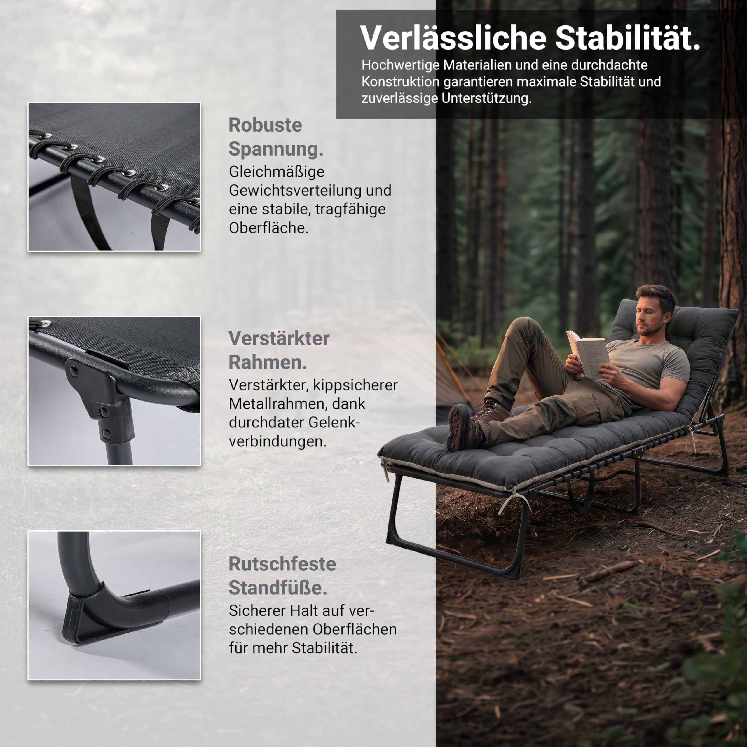 novaterra® Sonnenliege Klappbar – Stabiles XXL Campingbett mit Aluminiumgestell – Klappbett Camping & Outdoor Feldbett – Komfortables Camping Bett/Camping Liege für Reisen & Gäste