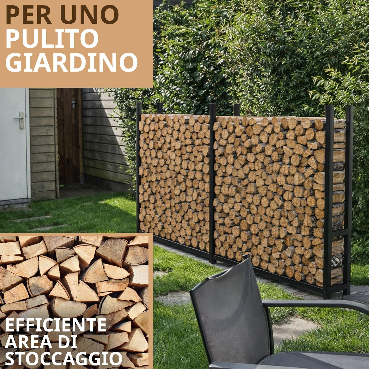 LAWA Rastrelliera per Legna da Ardere in Metallo Zincata 223x25x115cm Nera | Verniciata a Polvere, Per Esterni, Senza Telone, Per Giardino, Legnaia da Esterno, Scaffale per legna