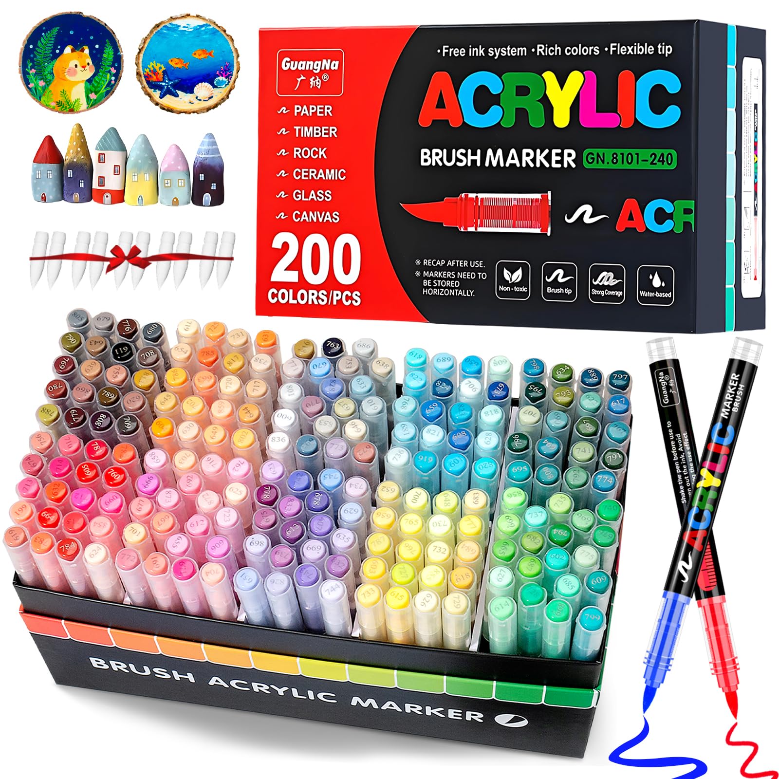 Vakki 200 Acrylstifte für steine wasserfest, Pinselspitze Acrylmarker, Acrylic marker Acrylmarker Set Perfekt für Steine Bemalen, Glas, Holz, Keramik, Metall & Leinwand