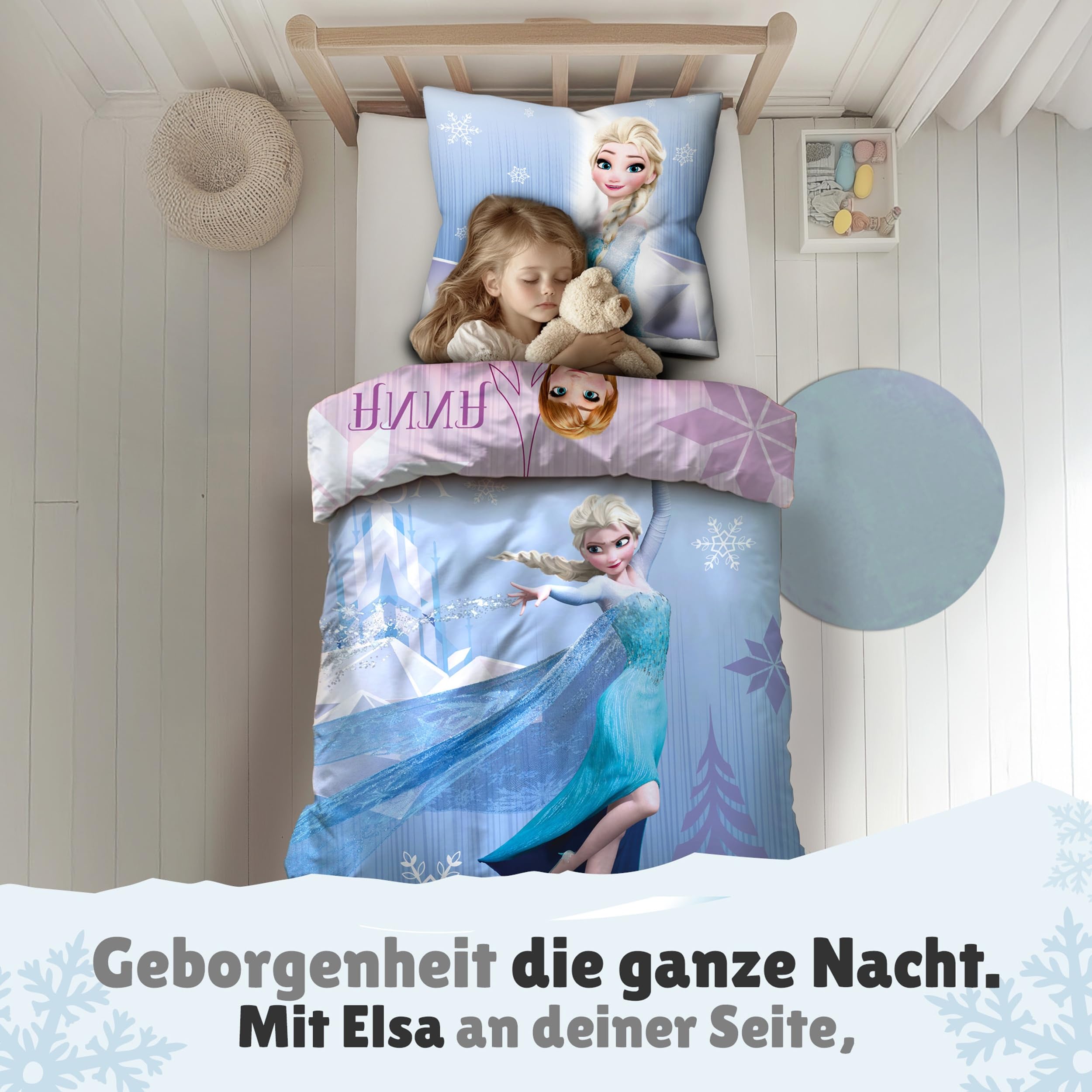 Familando Frozen Bettwäsche-Set (2-teilig) – Decken- & Kissenbezug 135x200 cm & 80x80 cm mit Reißverschluss – Flanell aus 100% Baumwolle – Wendemotiv mit Anna & ELSA – Öko-TEX Zertifiziert – Winter