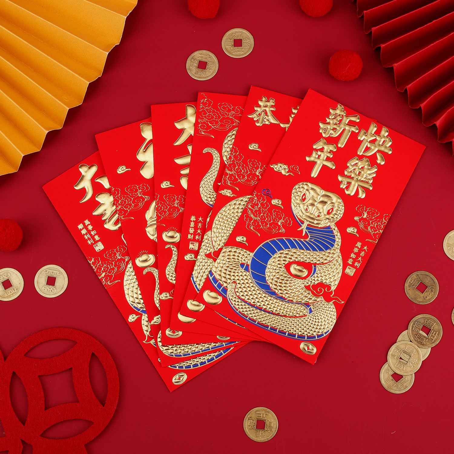 Buste Rosse per Capodanno Cinese 2025 con 50 Monete Feng Shui 16,8x9cm Hong Bao Serpente 6 Motivi Rilievo Dorati