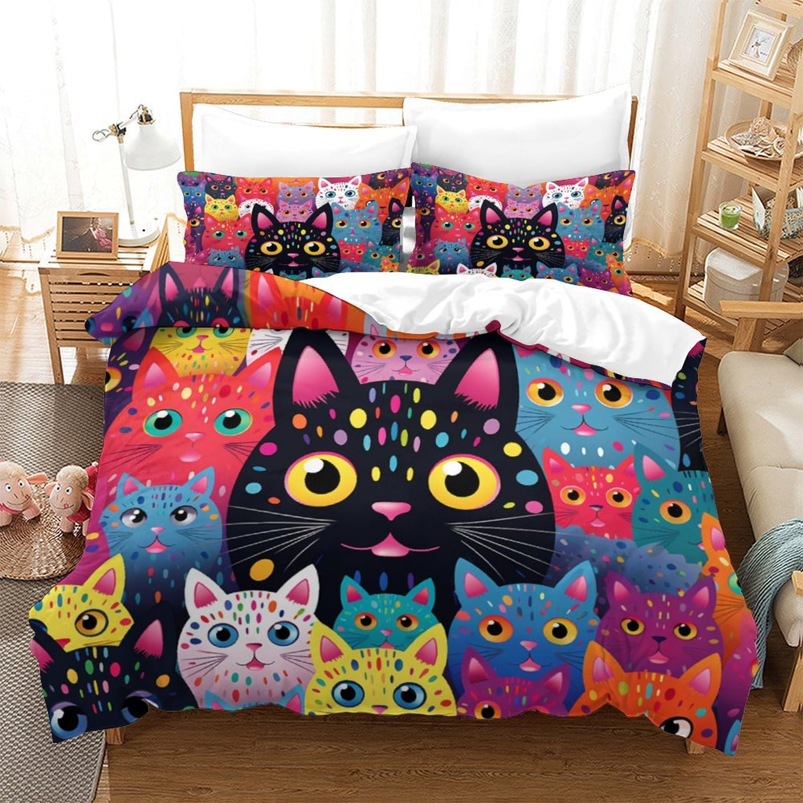 P1S9U7W5Y Colourful Cats 3D Printed Duvet Cover Set 3pcs Microfiber Cat Bedding Set Double
