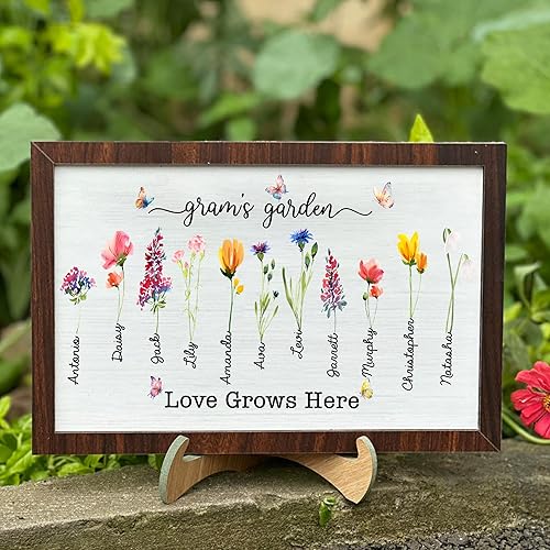 Miniatura 42 de Letrero personalizado para jardín de mamá con nombres de nietos y flor de nacimiento para regalo del Día de la Madre, regalos para abuela, letrero