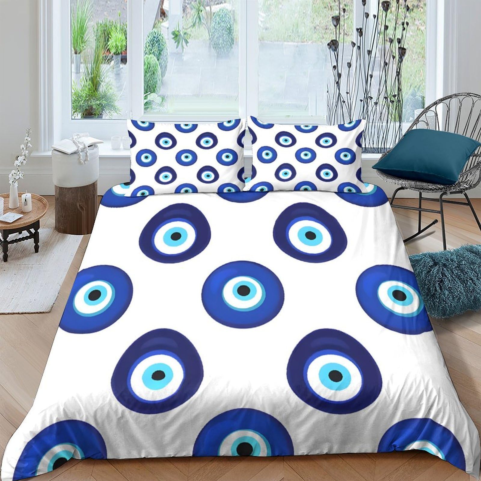 Ctjqhvkz Style-4 3D Printed Evil Eye Pattern Fitted Sheet Microfiber Soft Breathable Blue Circle Bed Cover For Bedroom Guestroom Mattress Protection Single（135X200cm）
