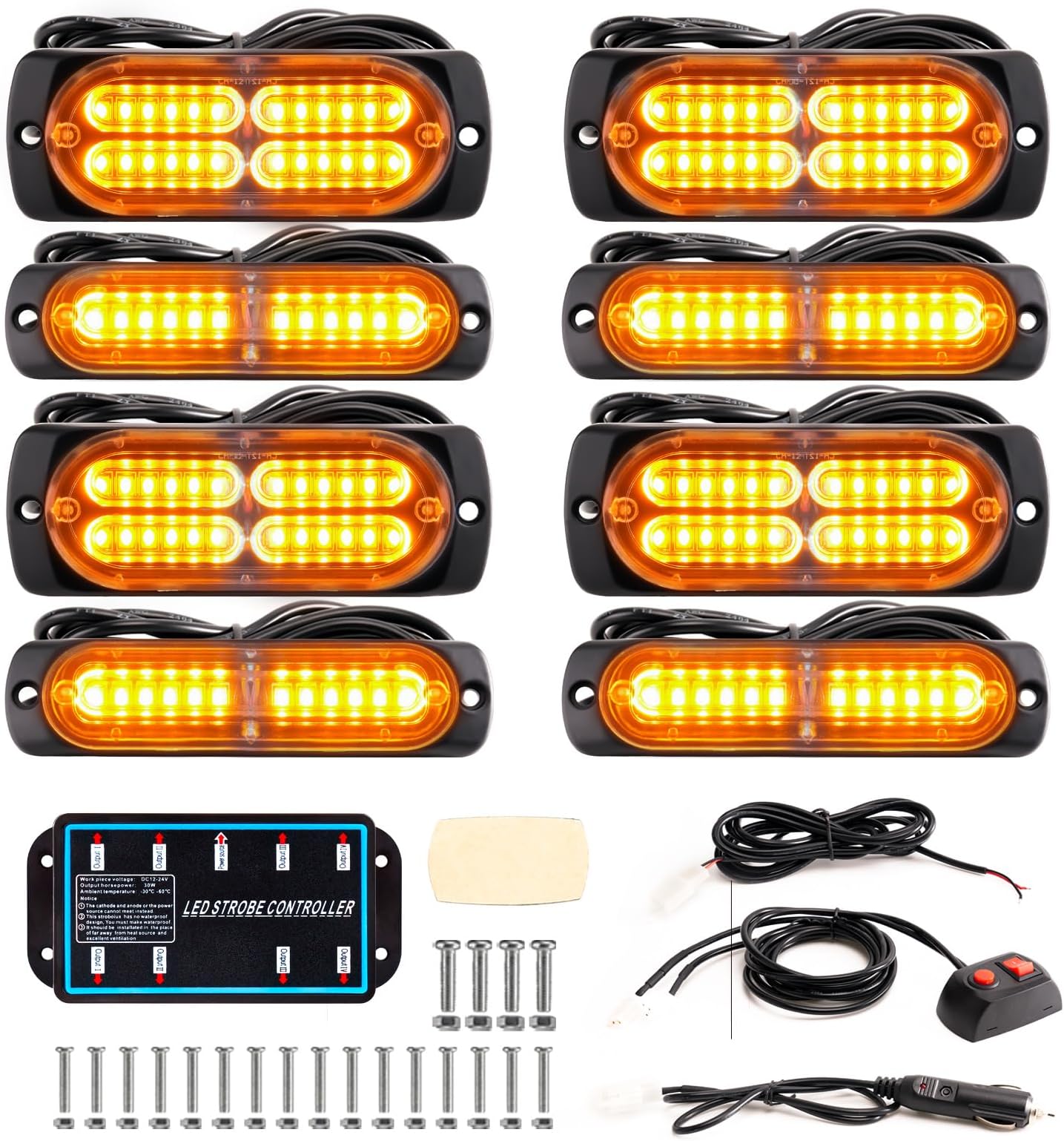 BooYu 8-pcs Amber Surface Mount LED Emergency Strobe Lights for Trucks, Vehicles, Sync Feature Ultra Slim Grille Flashing Warning Hazard Light Bar w/Controller for Construction, Firefighter