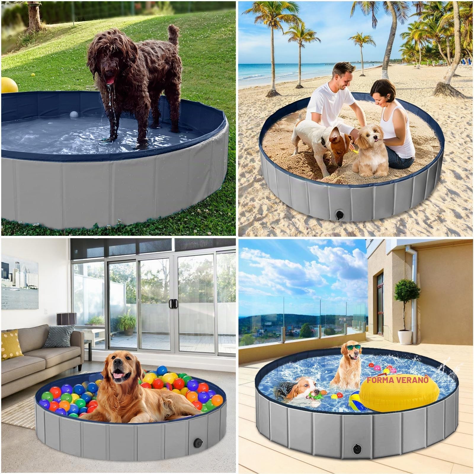 Piscina extragrande para perros de 160 cm, piscina plegable resistente para perros grandes, piscina antideslizante para mascotas con válvula de drenaje y 2 juguetes para masticar, piscina plegable