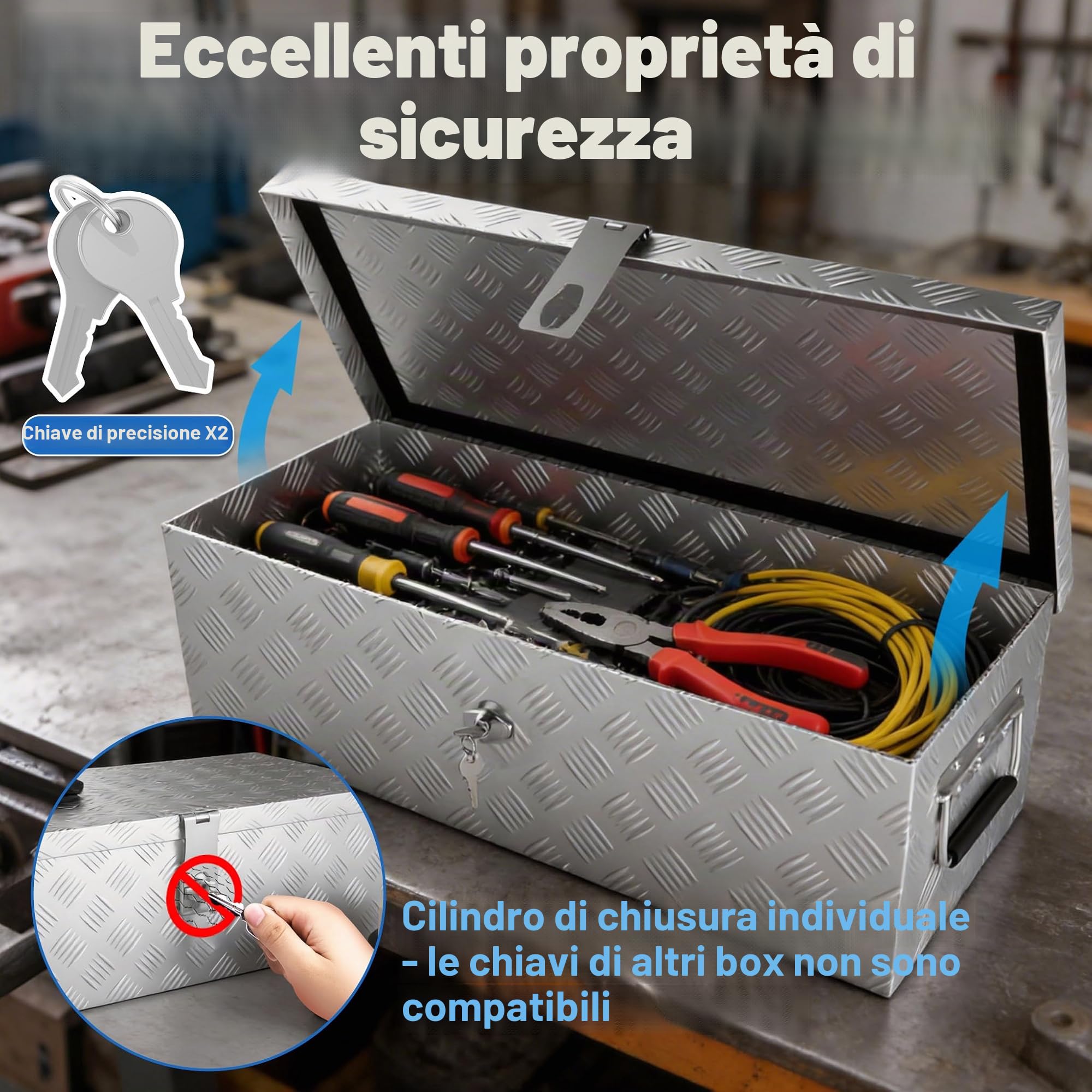UISEBRT Cassetta degli attrezzi in alluminio con serratura, scatola in alluminio, 520 x 160 x 220 mm, robusta scatola in alluminio per attrezzi, scatola del rimorchio, scatola impermeabile con 2