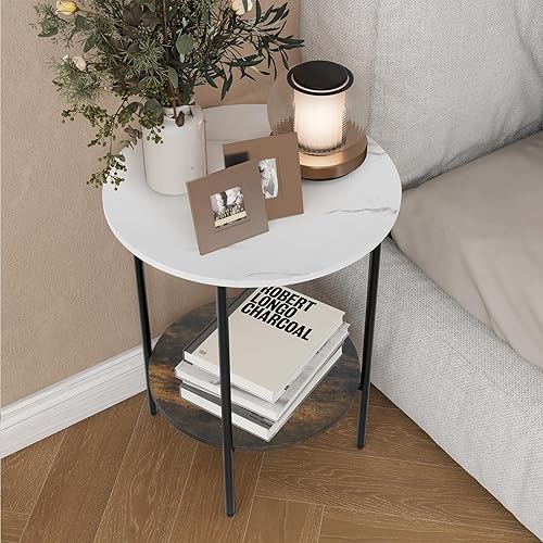 Miniatura 8 de Mesas auxiliares para sala de estar, mesa auxiliar resistente con marco de metal, moderno sofá pequeño y mesita de noche, mesa auxiliar redonda