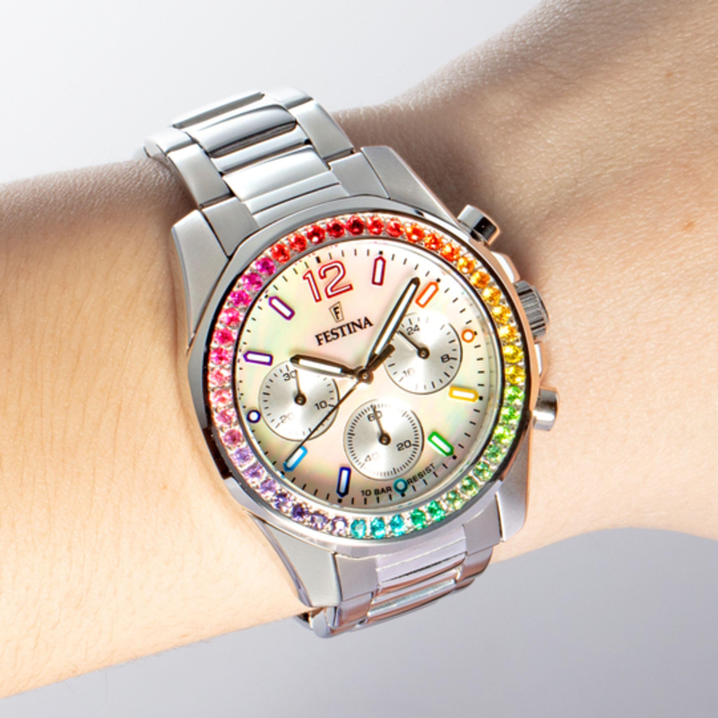 Festina Reloj Mujer Analógico de Acero Inoxidable 316l Plateado - Movimiento de Cuarzo Cronógrafo - Cristal Mineral de Alta Resistencia - Resistente al Agua 10 ATM F20606 - Boyfriend Collection
