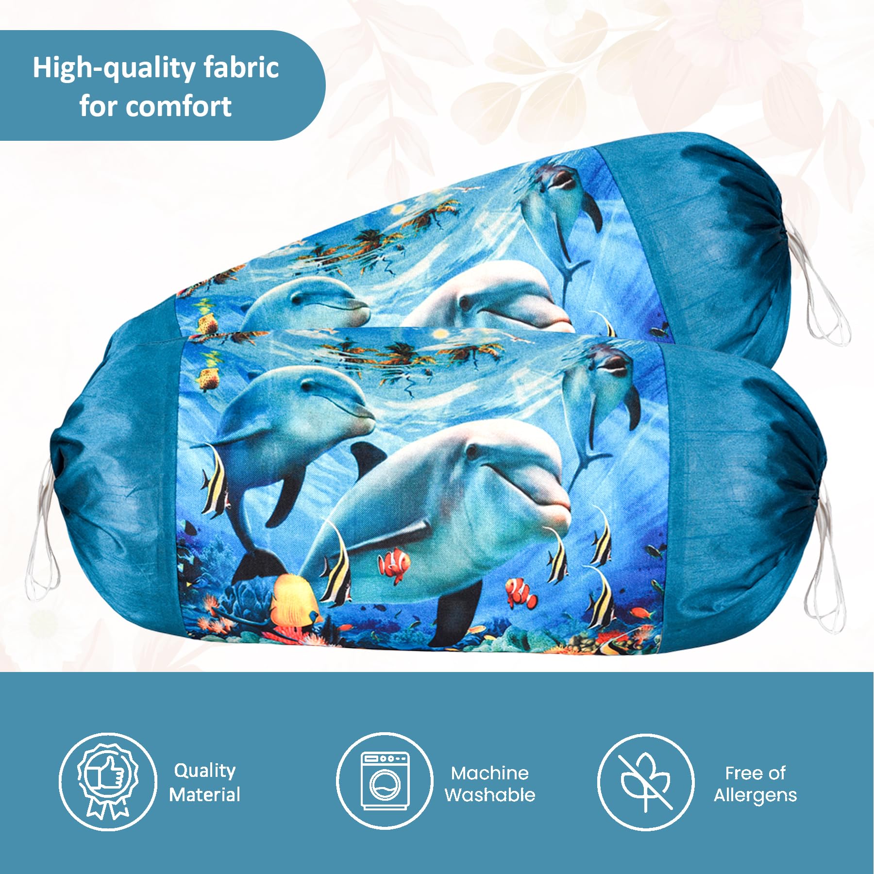 Urbane Home Set of 2 Bolster/Side Pillow Cover | 16"x32" Cylindrical Masland/Masand Long Pillow Cover For Diwan Pillows | Dolphin- Blue 2