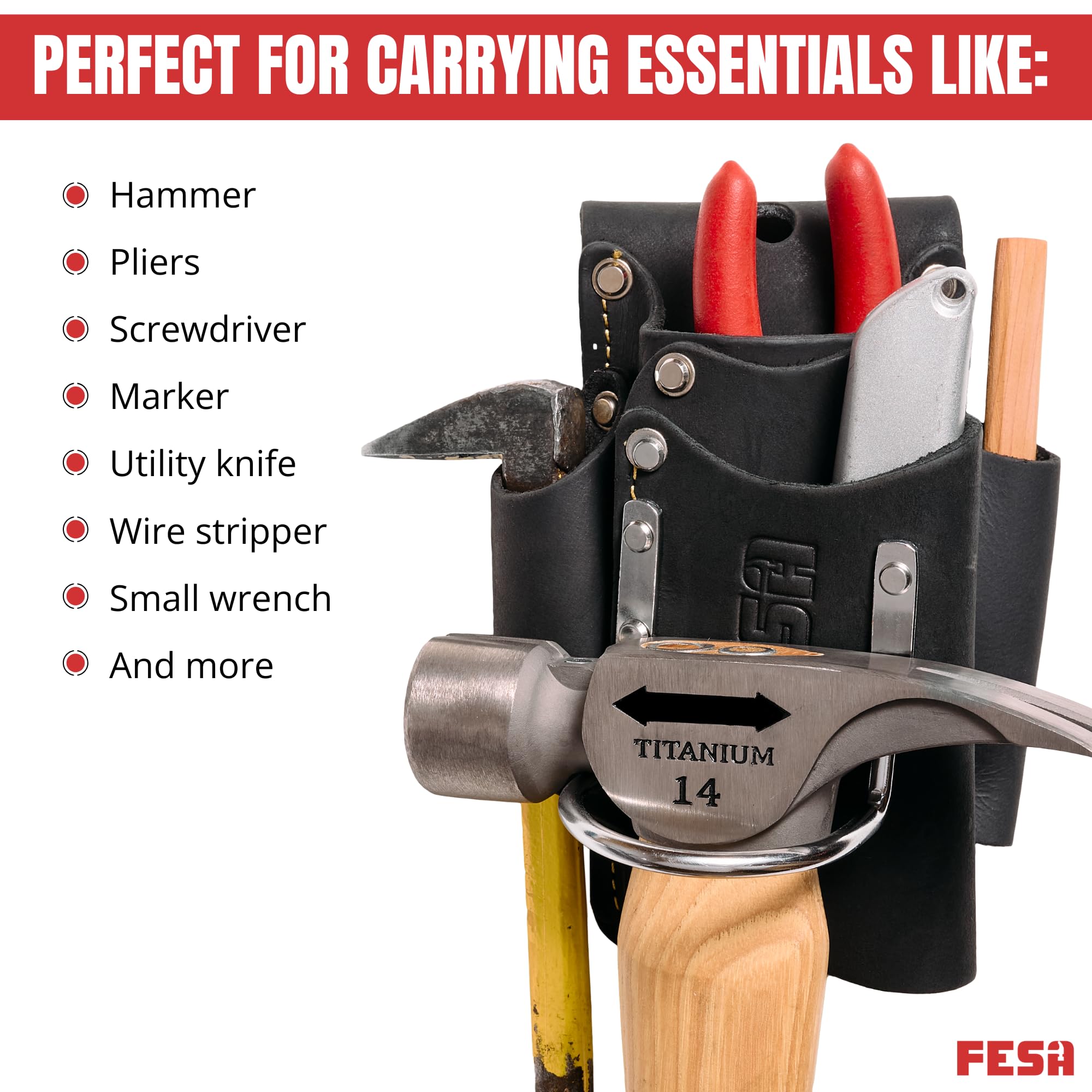 FESA Small Leather Tool Pouch 5-in-1 Heavy Top Grain Leather with Steel Hammer Loop 4 Pockets Reinforced Rivets Fits Belts up to 3'' Handcrafted