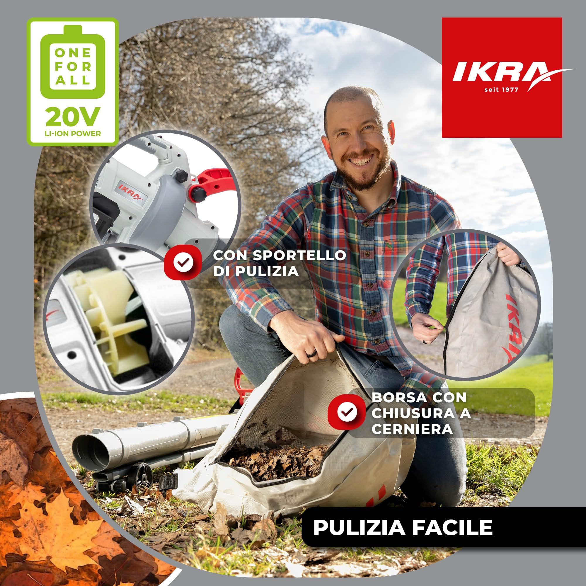 IKRA 3in1 aspiratore soffiatore a batteria IALS 2-20 con 2 batterie ricaricabili e doppio caricabatterie rapido