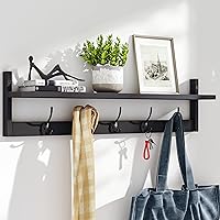 BAMEOS 28.9" Black Wall Mounted Shelf with 5 Dual Hooks - Entryway Coat Rack Organizer for Coats, Keys, Bags, Umbrellas