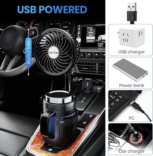 Miniatura 4 de Expansor de portavasos USB 2 en 1, ventilador de refrigeración portátil de 6 pulgadas, giratorio de 360 grados, 2 velocidades, alimentado por USB