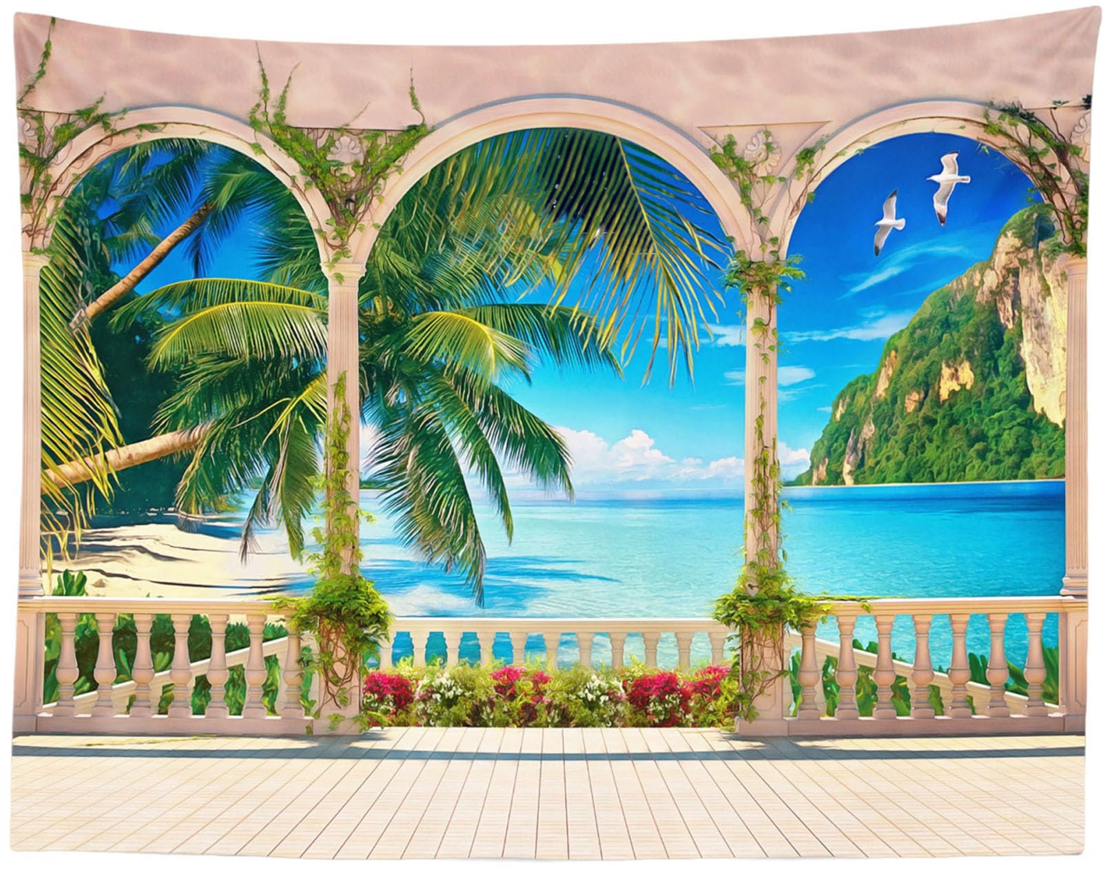 Loccor Tropical Beach Palm Tree Tapestry Balcony Window Seascape Landscape Wall Hanging Summer Seaside Paradise Wall Hanging Home Decor for Bedroom