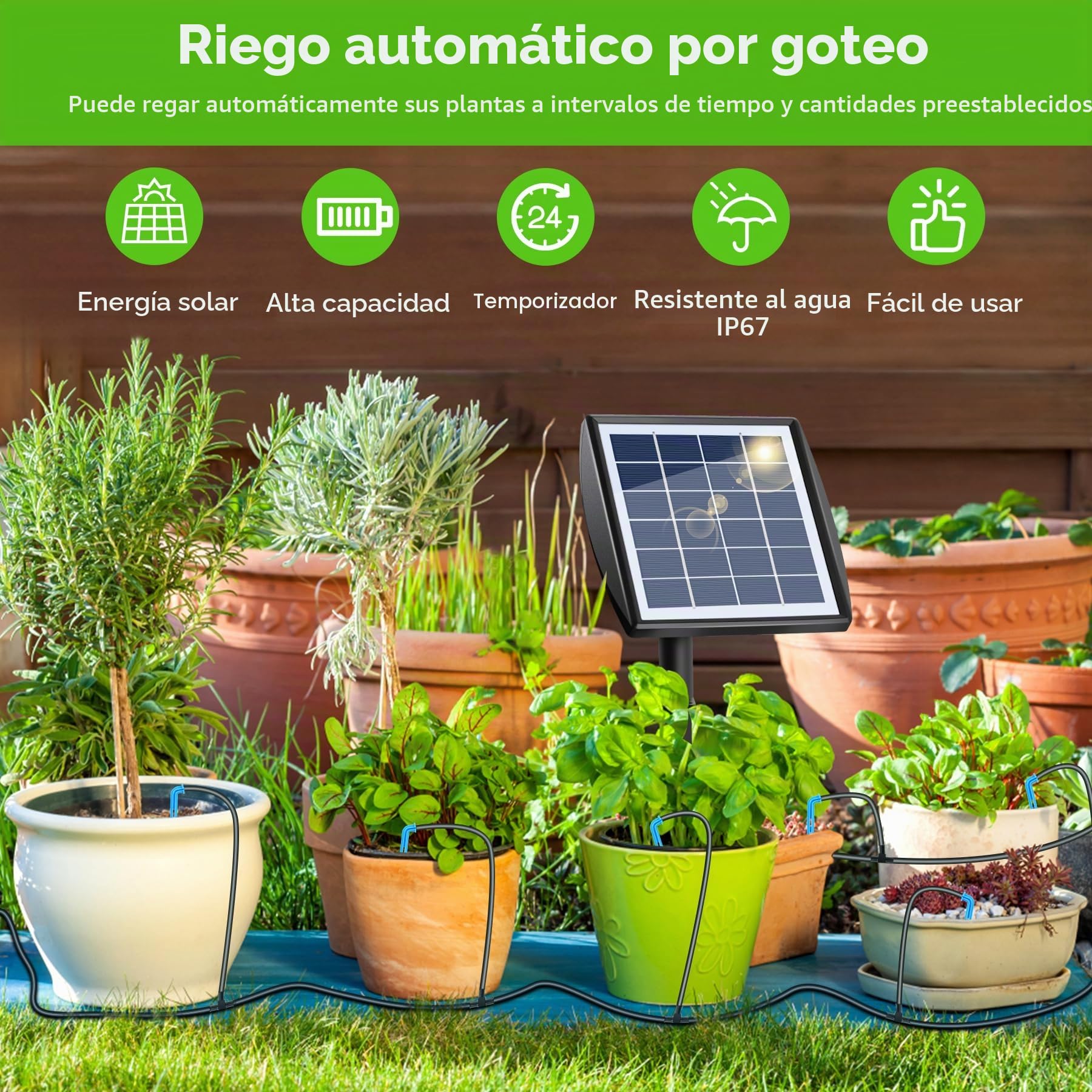Forever Speed Sistema de riego solar automático con sensor de agua, equipo de autorriego con temporizador, manguera de 15 m para plantas de jardín y balcón