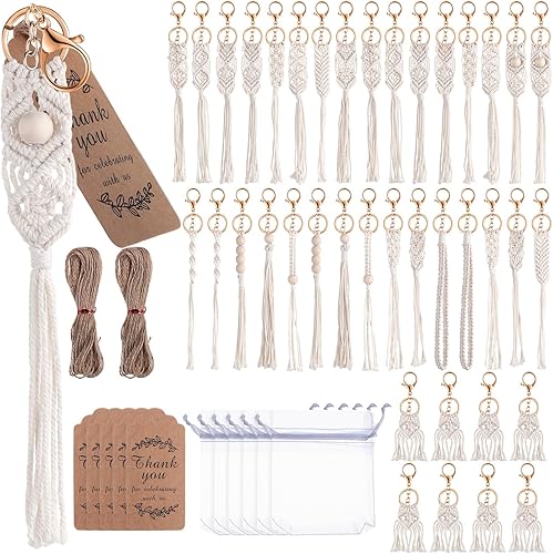 Juego de 120 llaveros de macramé bohemios, 40 llaveros de borla hechos a mano, 40 bolsas de joyería de organza con cordón y 40 etiquetas de