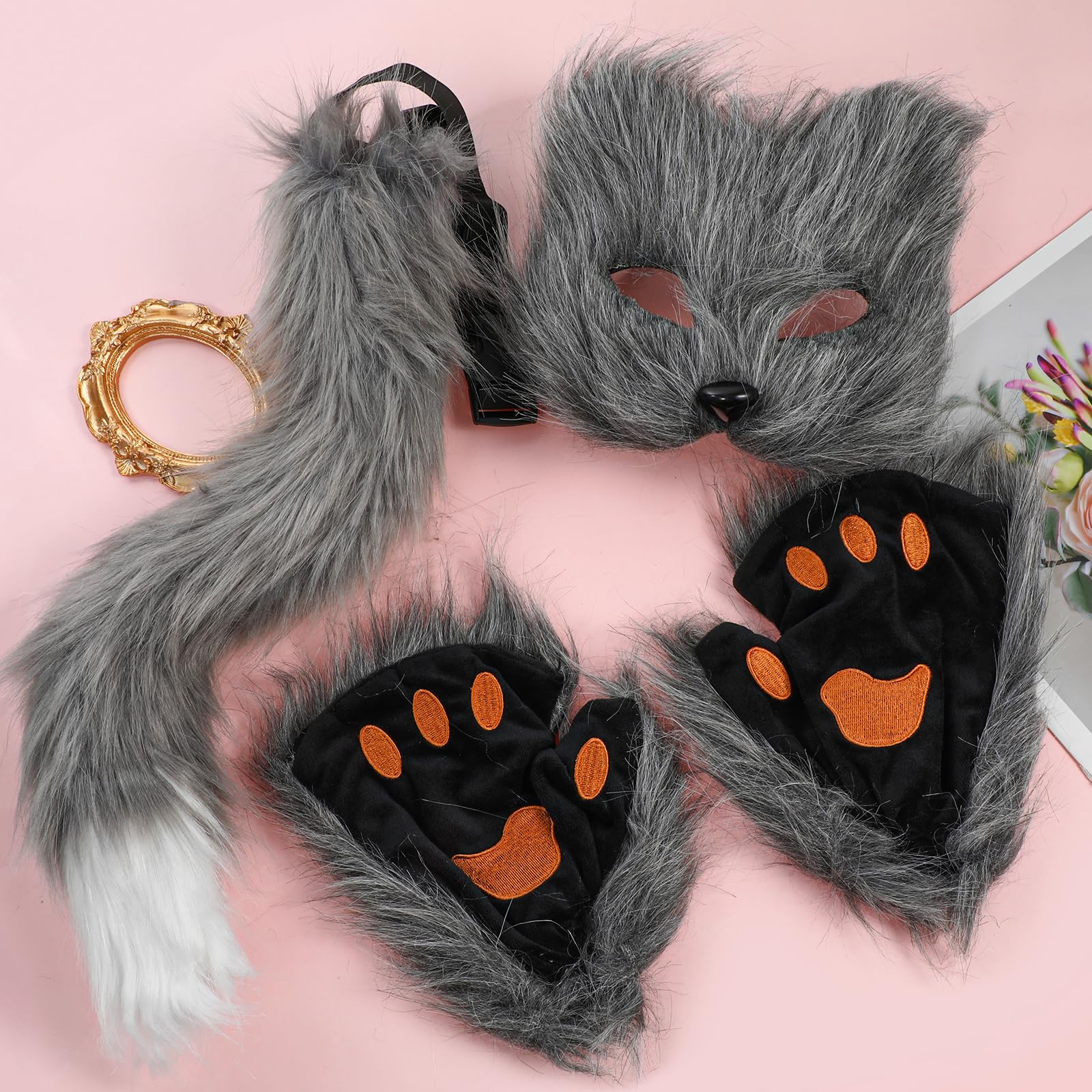 XEPST Animale Fox Costume Set con Therian Mask and Tail, Maschera e Coda da Volpe Therian Set di Accessori per Halloween Cosplay Costume Fancy Dress Carnevale,Grigio