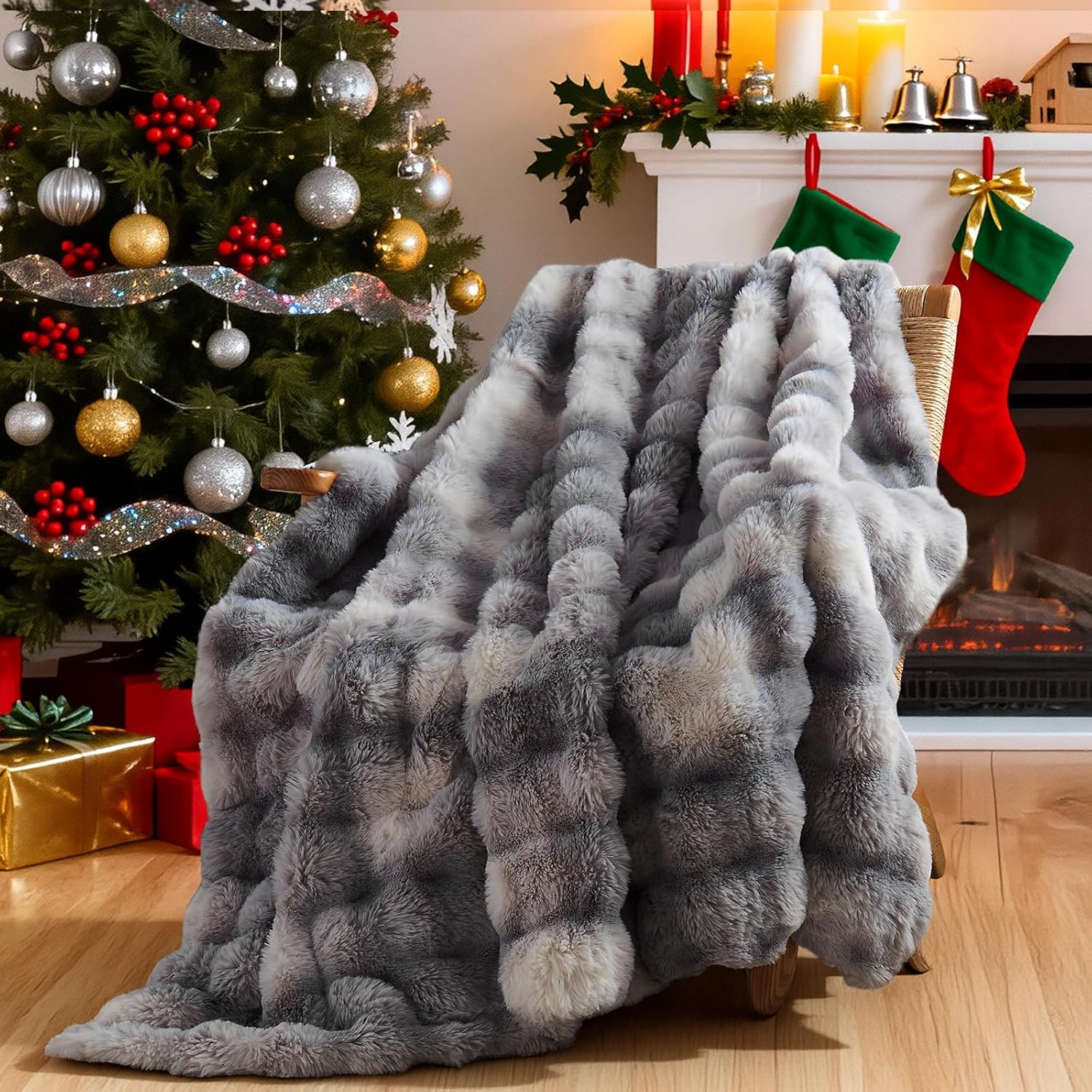 Lotus Karen Faux Fur Blanket - Tie-Dye Gray Twin Size, Big Bubble Rabbit Fluff, Thick Furry Plush Shaggy Blanket for Men, 60x80 Inches - Image 2