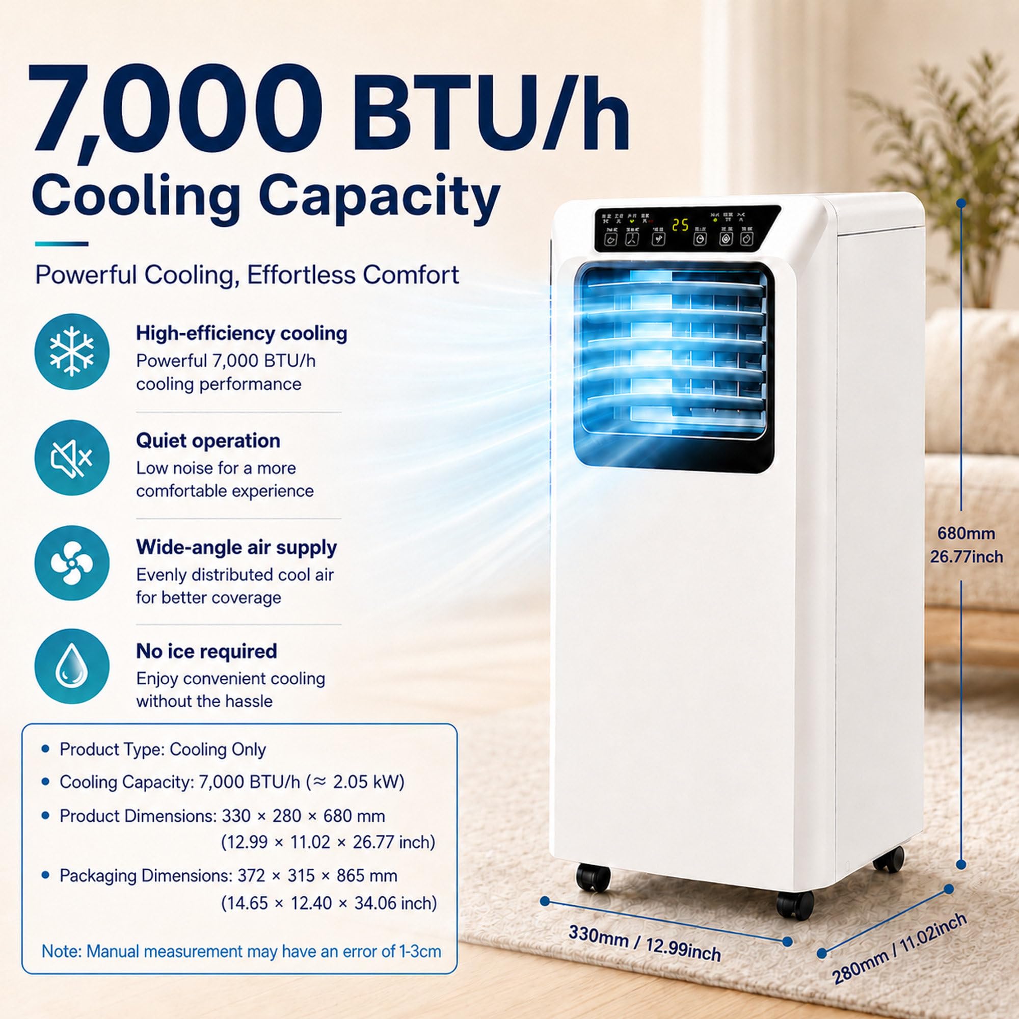 Condizionatore Portatile 7000 BTU con Telecomando e Kit Finestra | Circa 2,05 kW di capacità frigorifera per camere, uffici, soggiorni, appartamenti e altri ambienti interni.